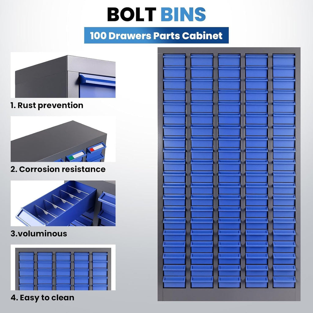 100 Drawers Parts Cabinet, Stainless Steel Nut and Bolt Storage Cabinet, 46' H x 26' D x 9' W Small Parts Organizer with Labels and Shelves for Garages Basements Warehouse(100 Drawers)