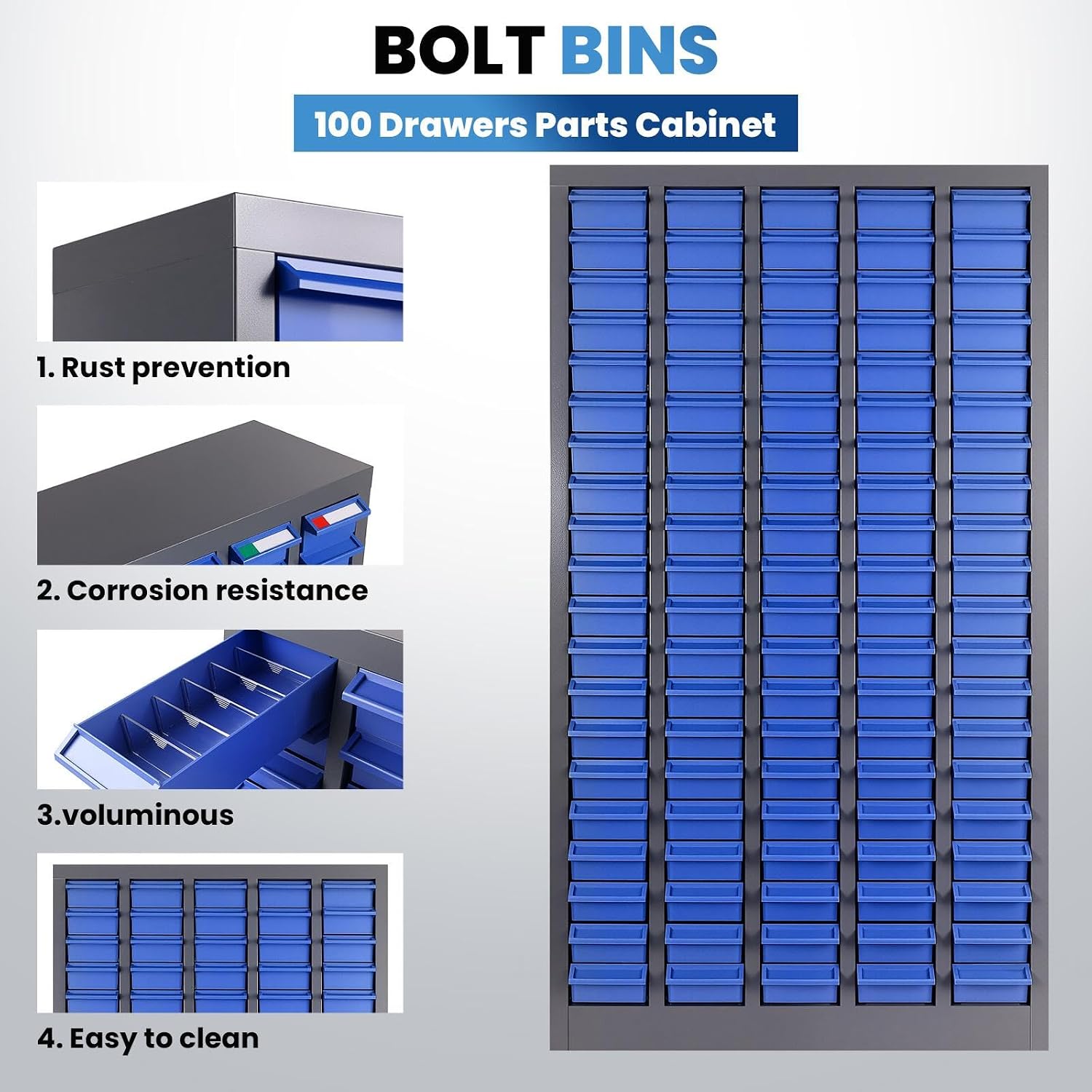 100 Drawers Parts Cabinet, Stainless Steel Nut and Bolt Storage Cabinet, 46' H x 26' D x 9' W Small Parts Organizer with Labels and Shelves for Garages Basements Warehouse(100 Drawers)