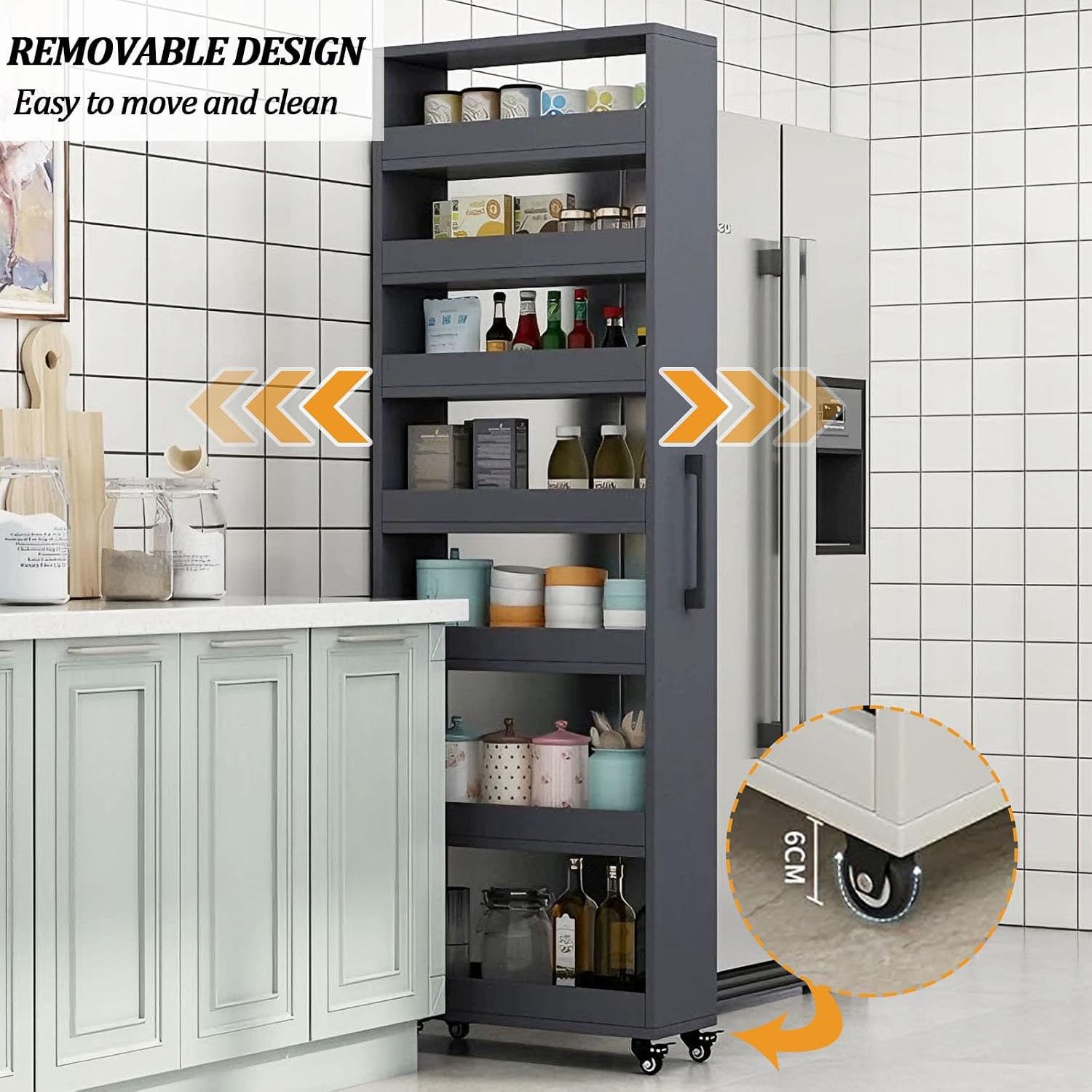 7-Tier Slim Storage Cart, Wooden Rolling Pantry Cabinet with Wheels, Narrow Shelf Organizer for Kitchen, Bakers Rack, Dining Room, Closet,White,W7.9×D17.7×H72.4