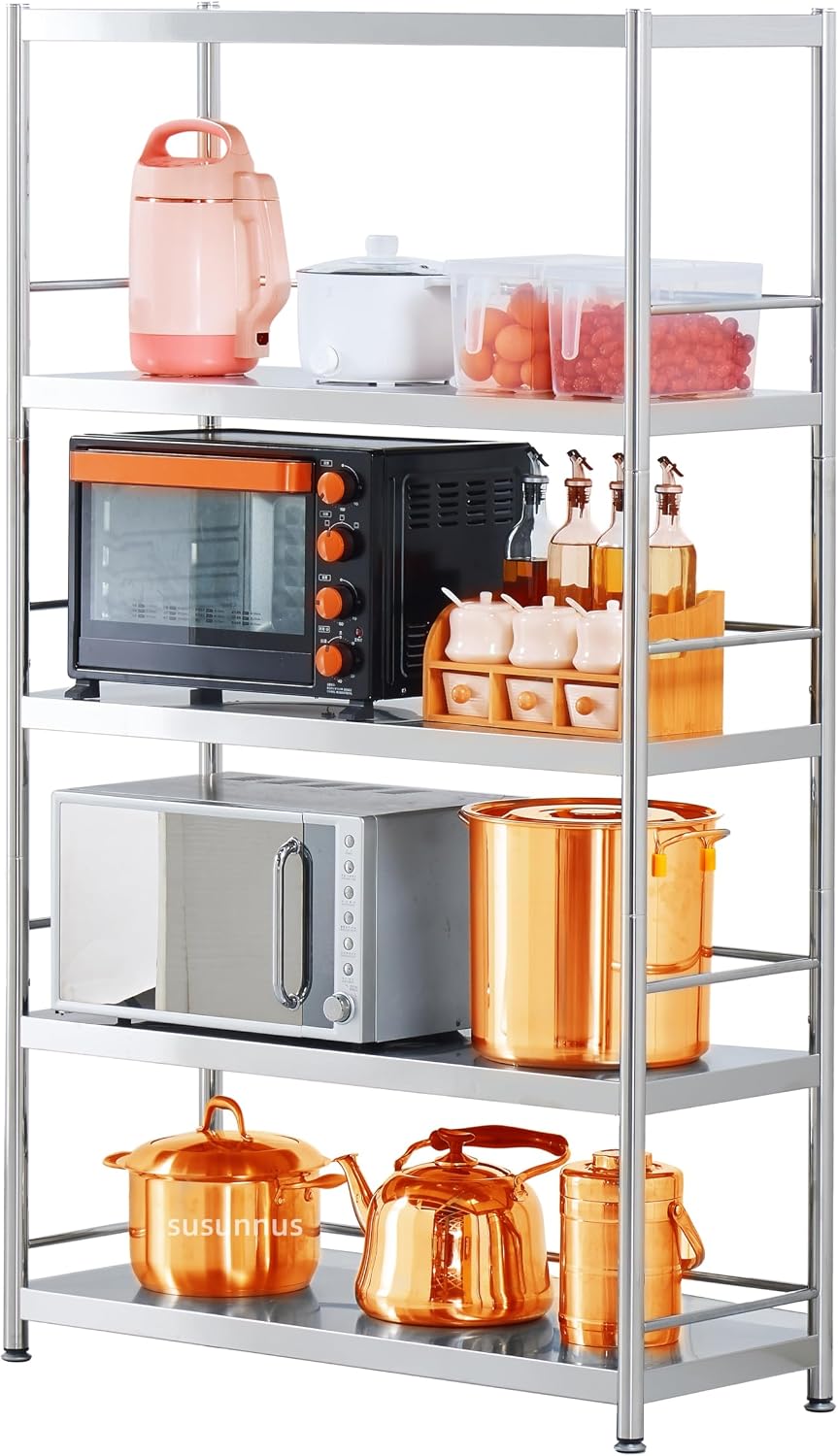 susunnus 5 Tier Industrial Storage Rack for Kitchen Garage,23.6in Wide Heavy Duty Shelving Unit,Stainless Steel Shelves, Steel Rack Shelving Unit for Home and Workshop(23.6in 5T-with Guardrails)