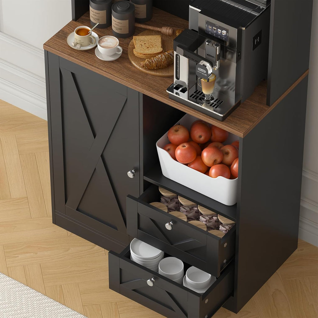 71' Tall Coffee Bar Cabinet with Storage Hutch, Farmhouse Kitchen Pantry Cabinet with LED Lights Microwave Stand and Glass Holder for Home Dining Room Kitchen (Black)