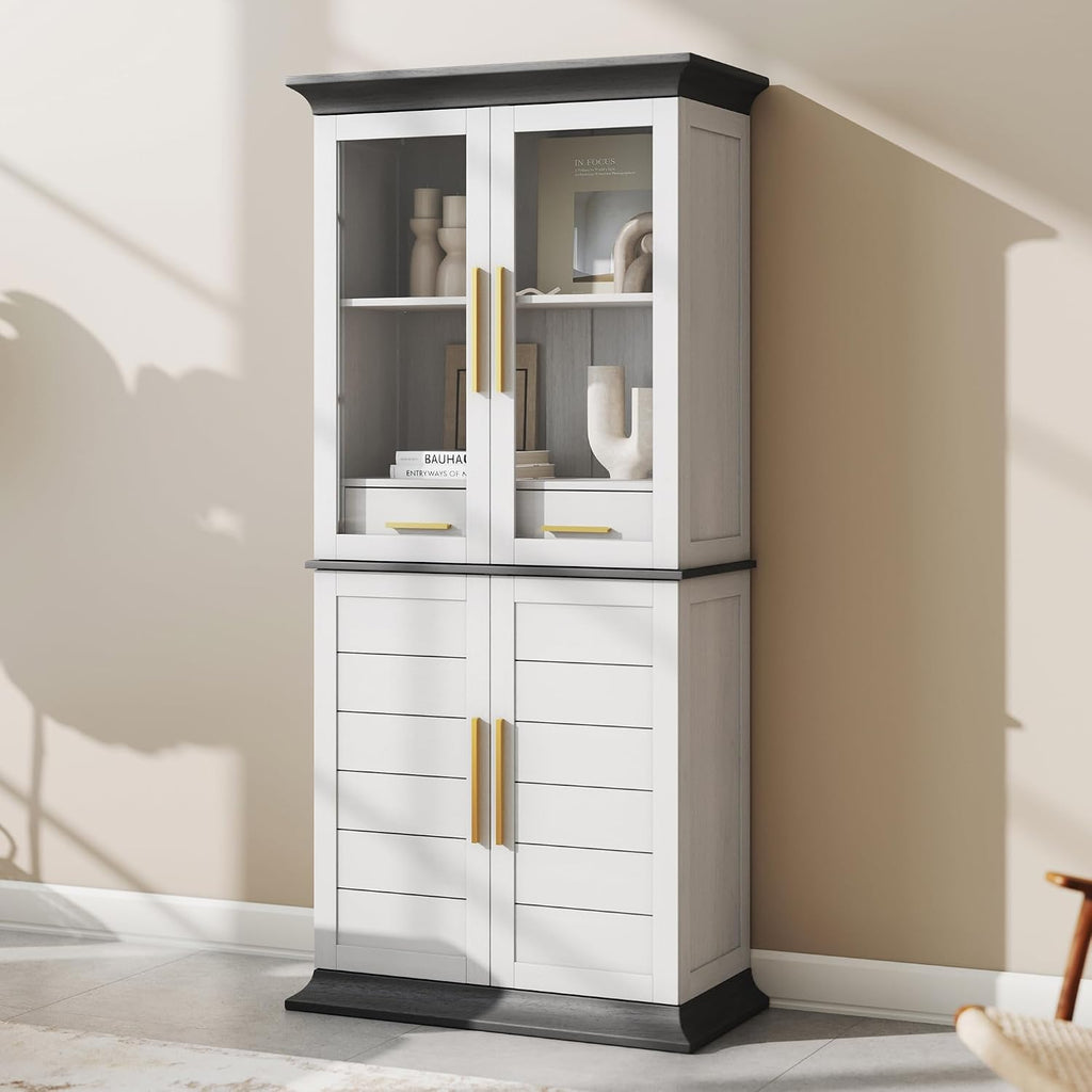 BELLEZE 72' High Storage Cabinet with Adjustable Shelves and Drawers, Freestanding Cabinet with Ample Storage Space for Kitchen, Dining & Living Room - White