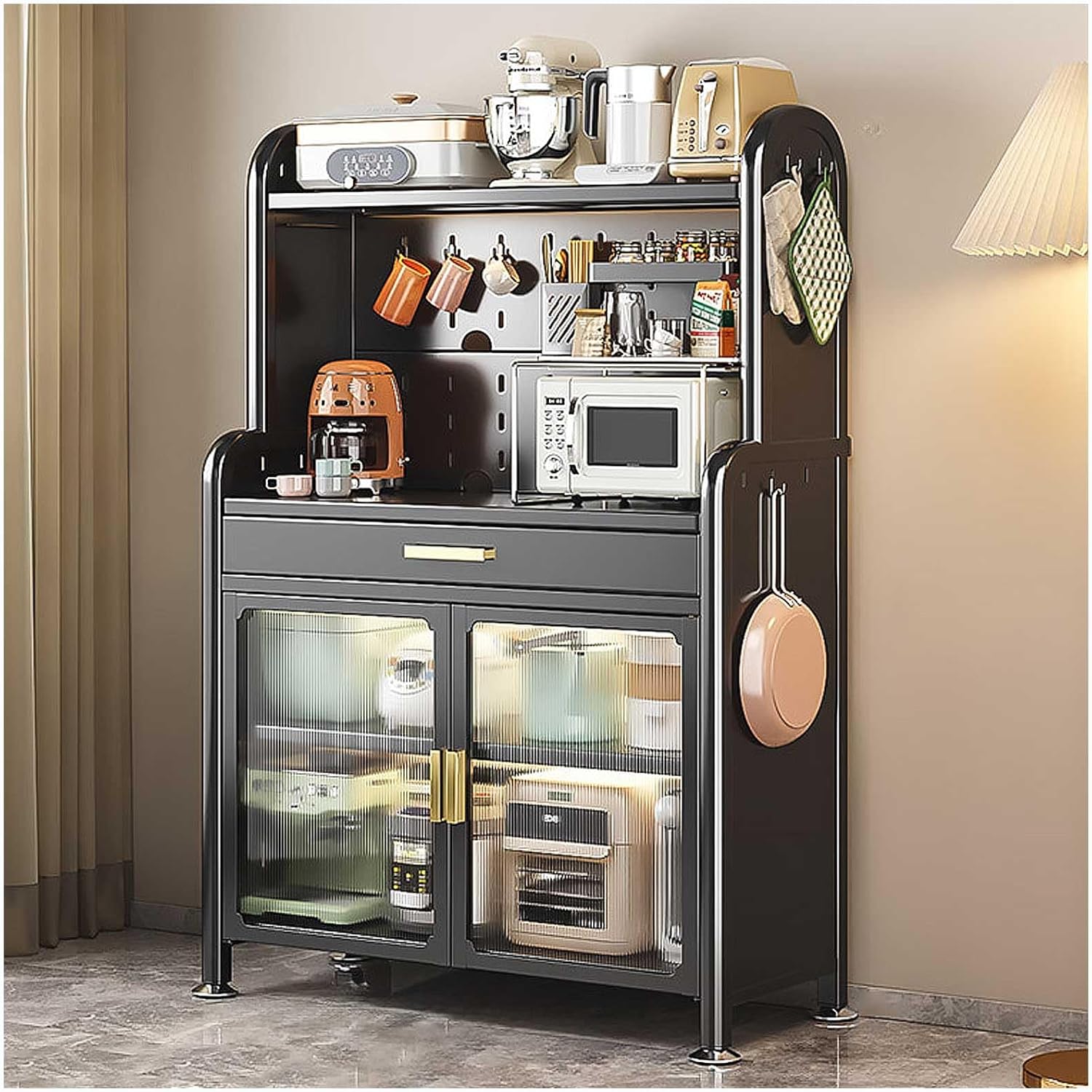 White 5 Tier Kitchen Bakers Rack with Drawer and Adjustable Shelf Free Standing Microwave Stand and Storage Cabinet Black,147.5×70cm/58×27.5in
