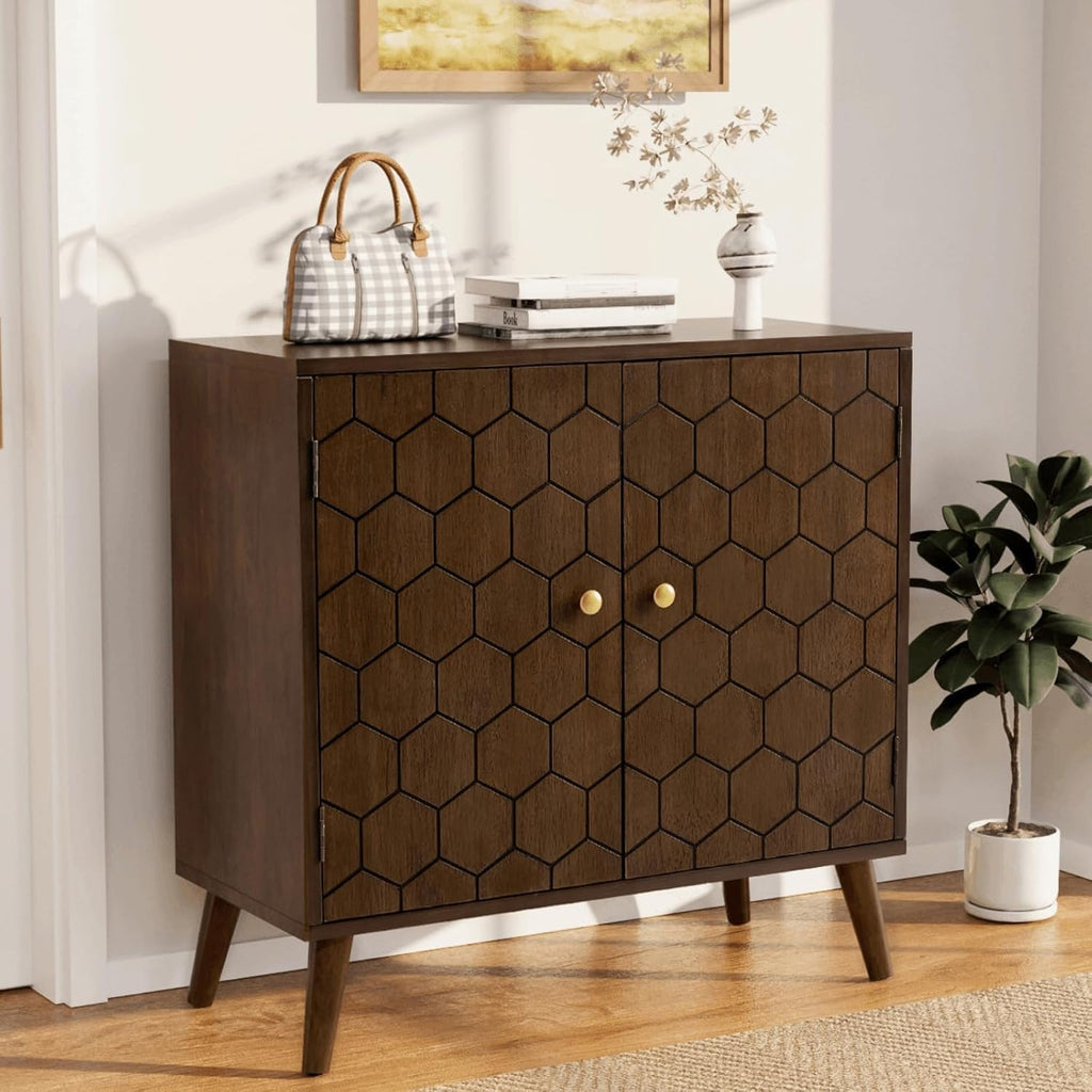 COSIEST 32' Storage Sideboard with Doors, Adjustable Shelf, Decorative Modern Accent Furniture for Living Room, Entryway, Kitchen (Brown, Honeycomb Pattern)