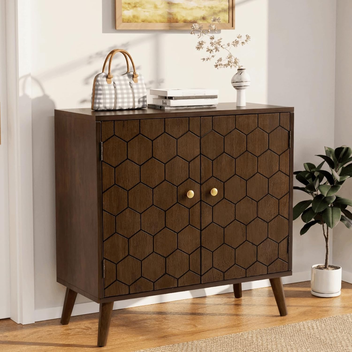 COSIEST 32' Storage Sideboard with Doors, Adjustable Shelf, Decorative Modern Accent Furniture for Living Room, Entryway, Kitchen (Brown, Honeycomb Pattern)