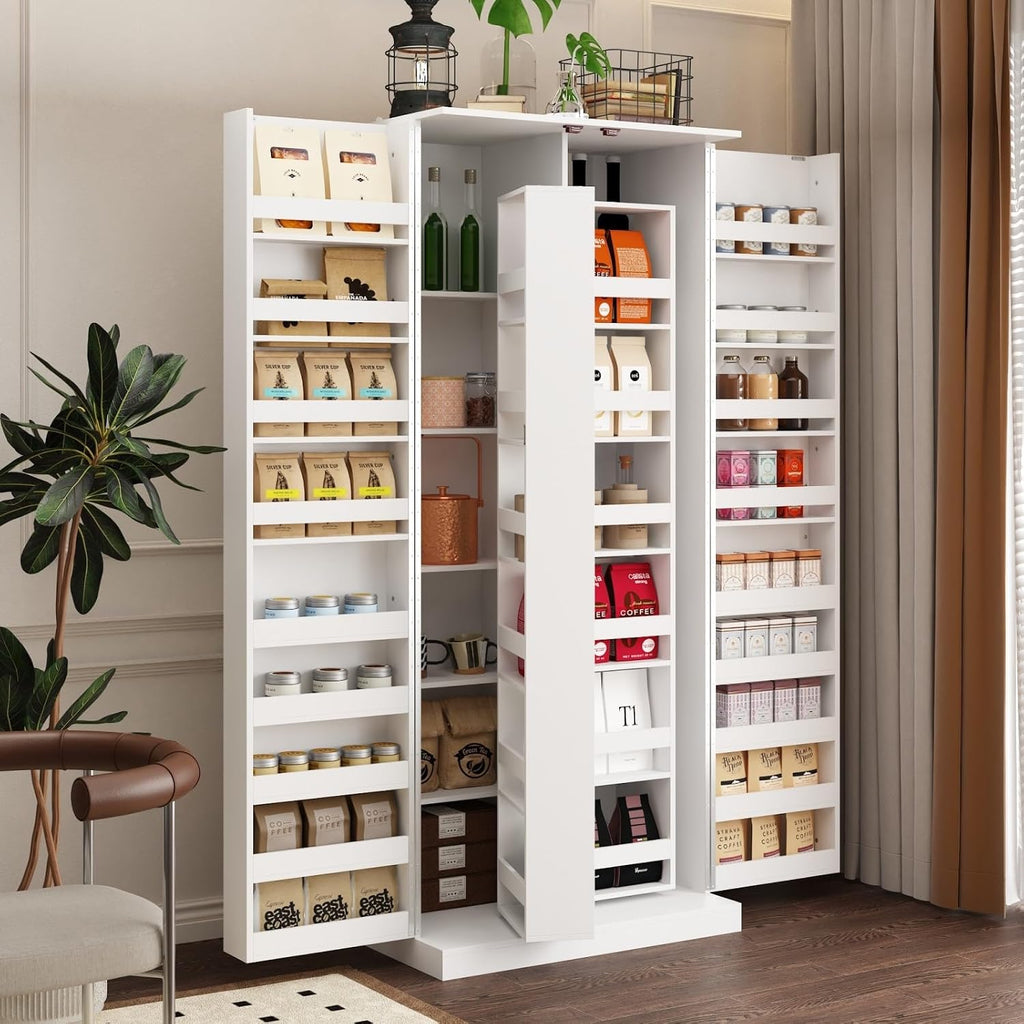 MOUMON Kitchen Pantry Storage Cabinet with Doors and Shelves, Rotating Racks, Tall Pantry Cabinet Cupboard with Door Racks, White, 19.7'D x 31.5'W x 72.2'H