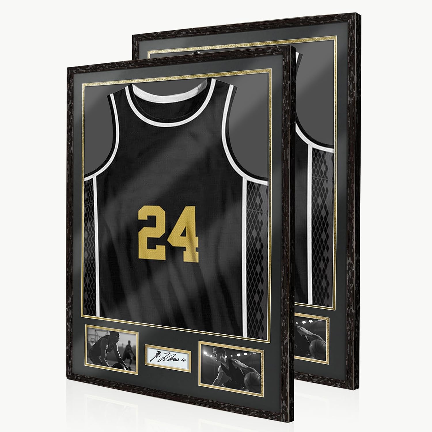 Jersey Frame Display Case 2 Pack, Large Sport Jersey Shadow Box with 98% UV Protection Acrylic,Two Photo Frame One Signature for Baseball Basketball Soccer Hockey Sport Shirt and Uniform,Black Walnut