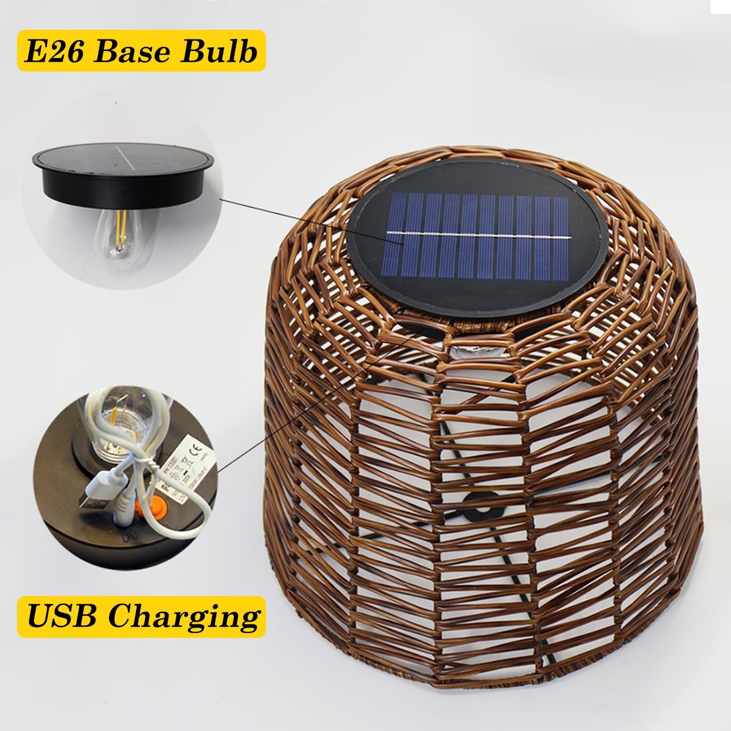 MIXL-Coffee Brown Outdoor Floor Lamp,Waterproof Wicker Shade Standing Lamp,Modern Farmhouse Dusk to Dawn Solar Light, 3000K Led Solar Outdoor Light for Patio Garden and Gazebo