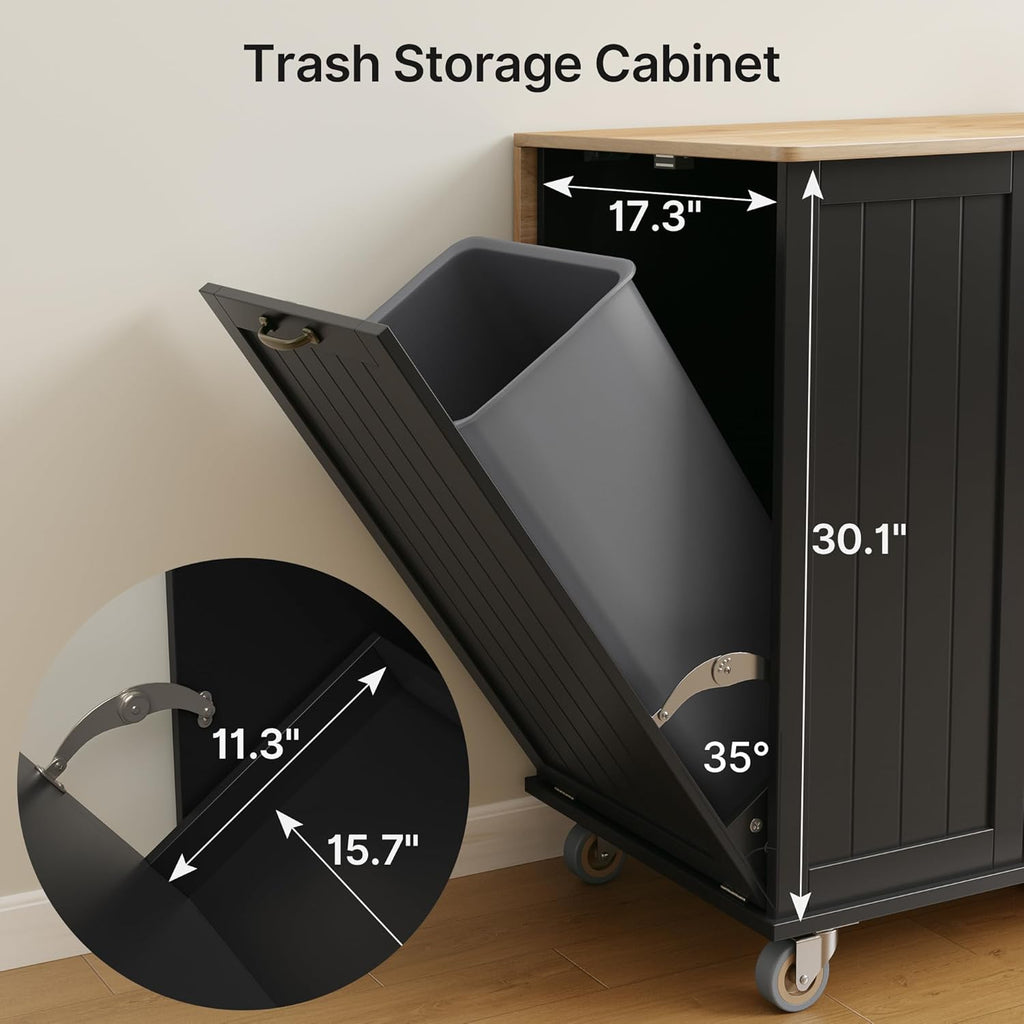 Ahomly Kitchen Island with Storage, 44.49' Kitchen Island with Trash Can Storage, Drop Leaf Rubberwood Top, Knife Holder, Adjustable Shelf, Towel Bar, Drawer, Spice Rack, Black