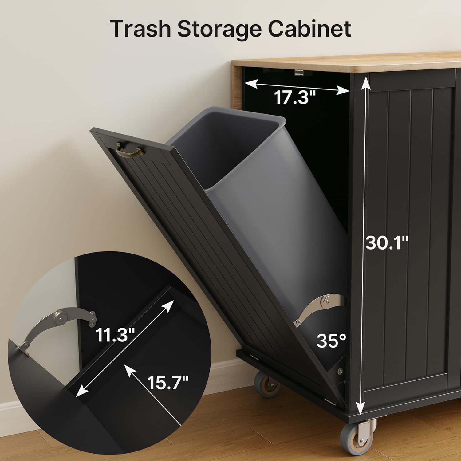 Ahomly Kitchen Island with Storage, 44.49' Kitchen Island with Trash Can Storage, Drop Leaf Rubberwood Top, Knife Holder, Adjustable Shelf, Towel Bar, Drawer, Spice Rack, Black