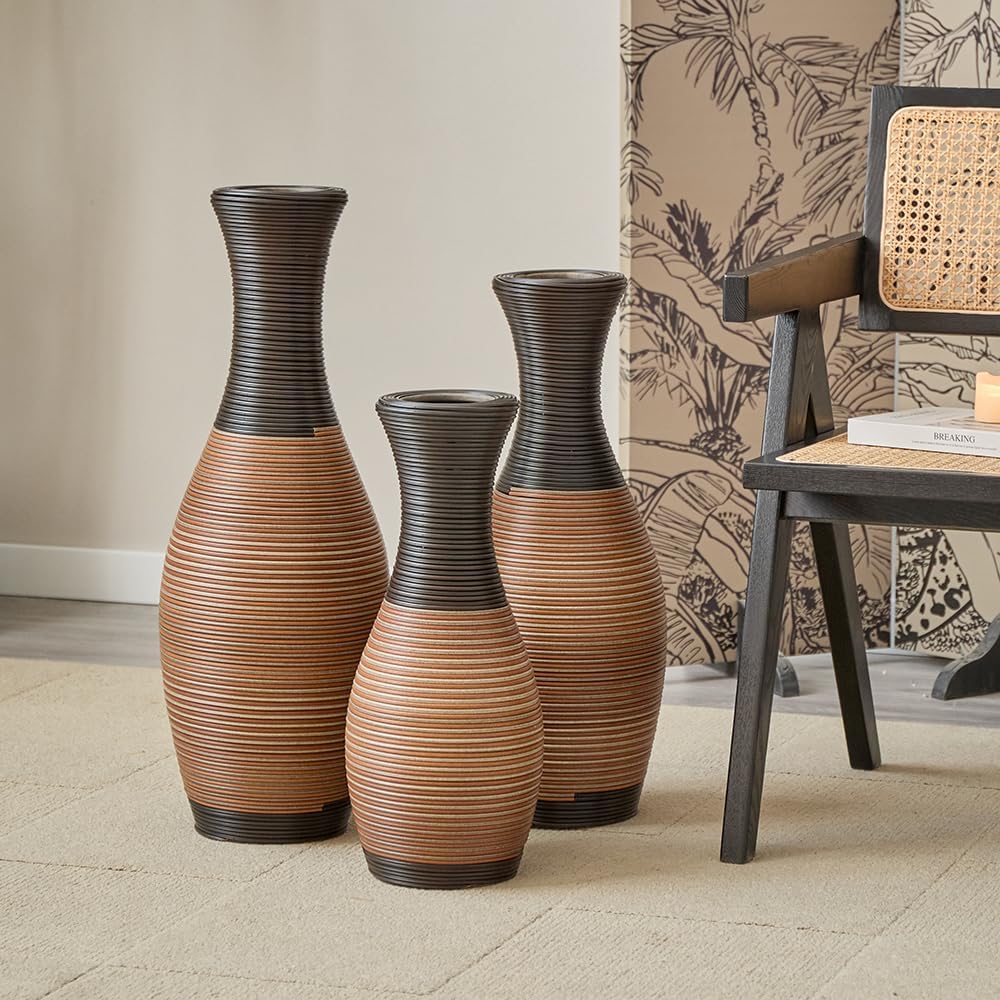 Floor PVC Decorated Vases Set of 3 for Gorgeous Home Decoration Large Classic PVC Vases 19.6in/23.6in/27.5in Height(Grey+Brown)