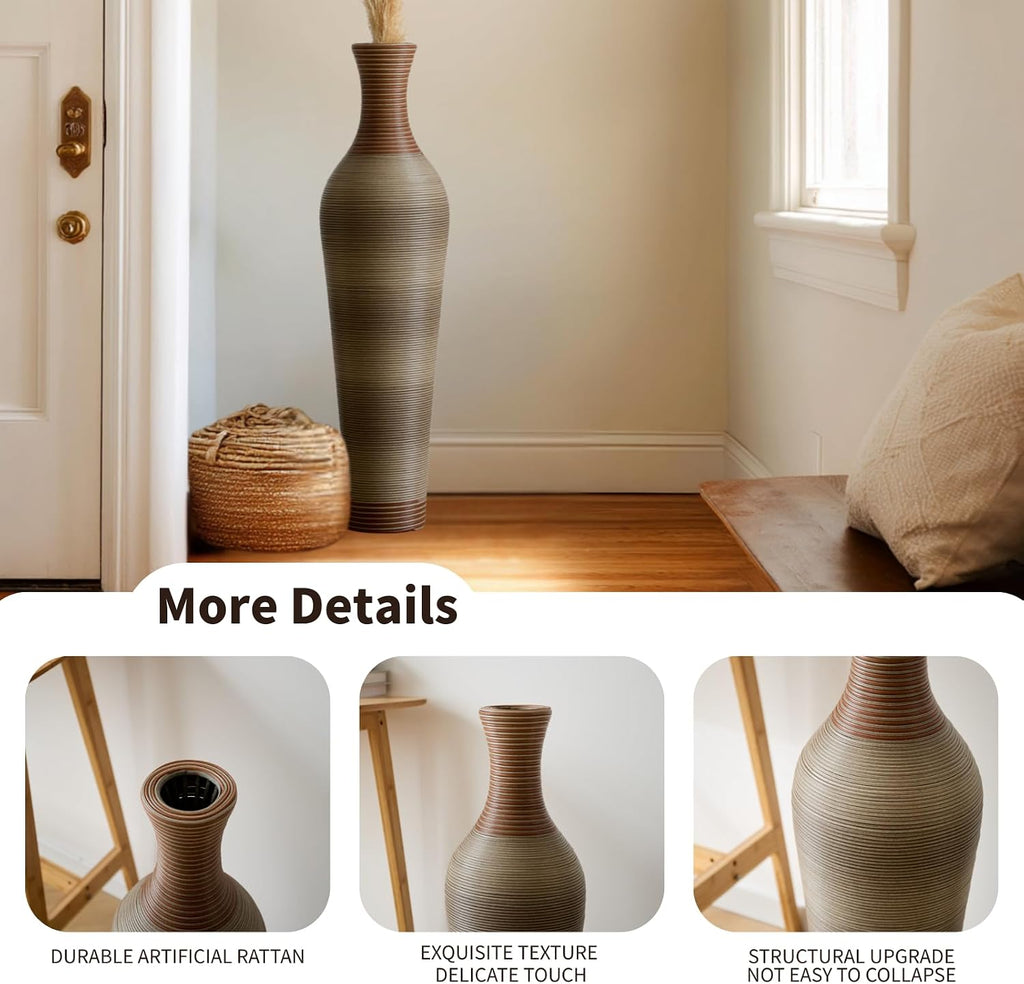 39-Inch Tall Vintage Floor Vase - Premium PVC Rattan Weave, Large Brown Standing Vase, Flower Holder for Home Decor (Brown Grey)