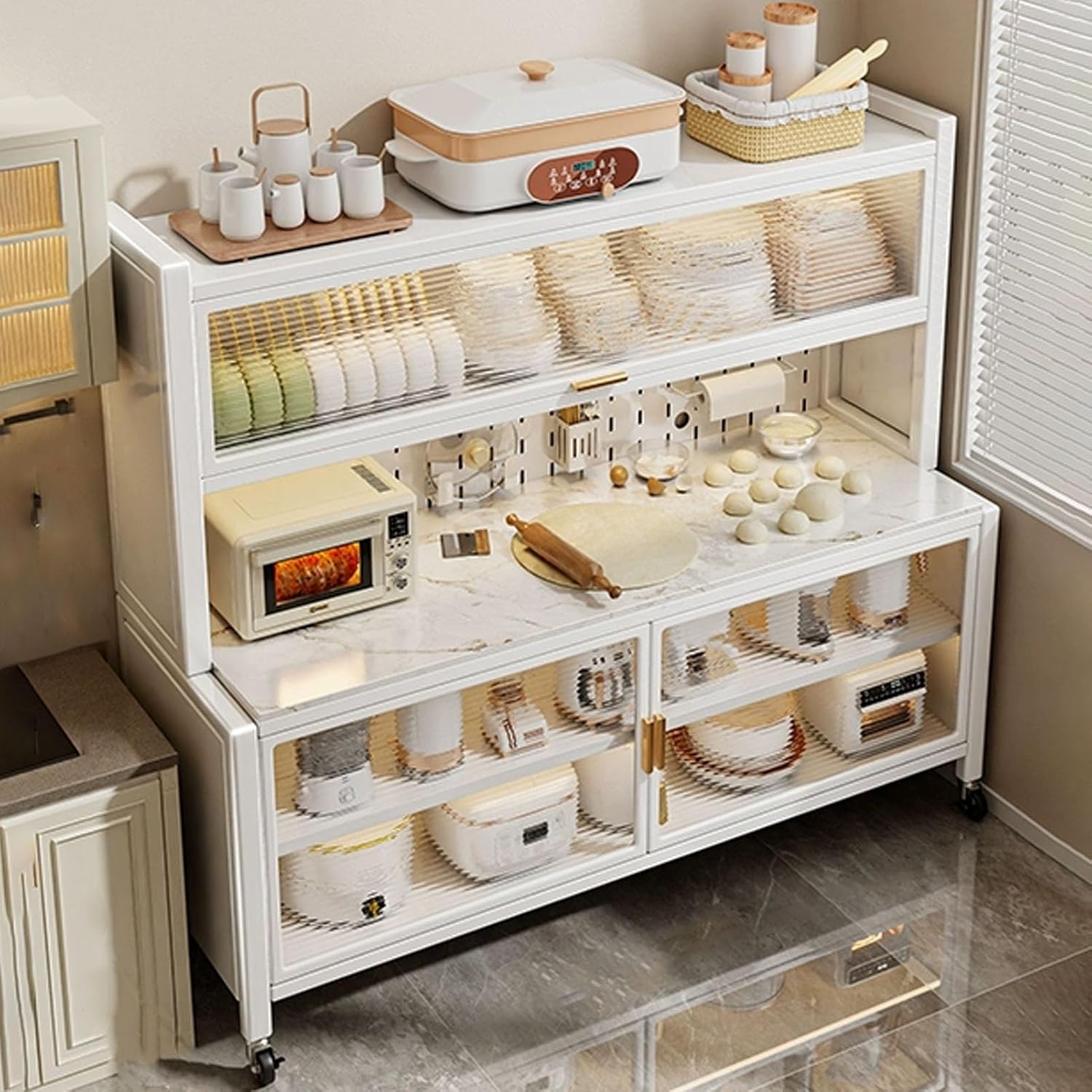 JKGHK Kitchen Pantry Storage Cabinet, Kitchens Baker's Rack with Acrylic Cabinet Door, Buffet Cabinets On Wheels with Pegboard, for Garage Pantry Home Spices(White,24x60in)