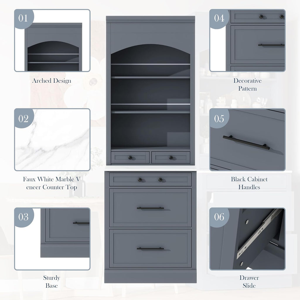 84' Freestanding Storage Cabinet with 5 Drawers, Kitchen Storage Bakers Rack with Faux Marble Top, Utility Food Cupboard with Adjustable Shelf for Kitchen Dining Room, Gray