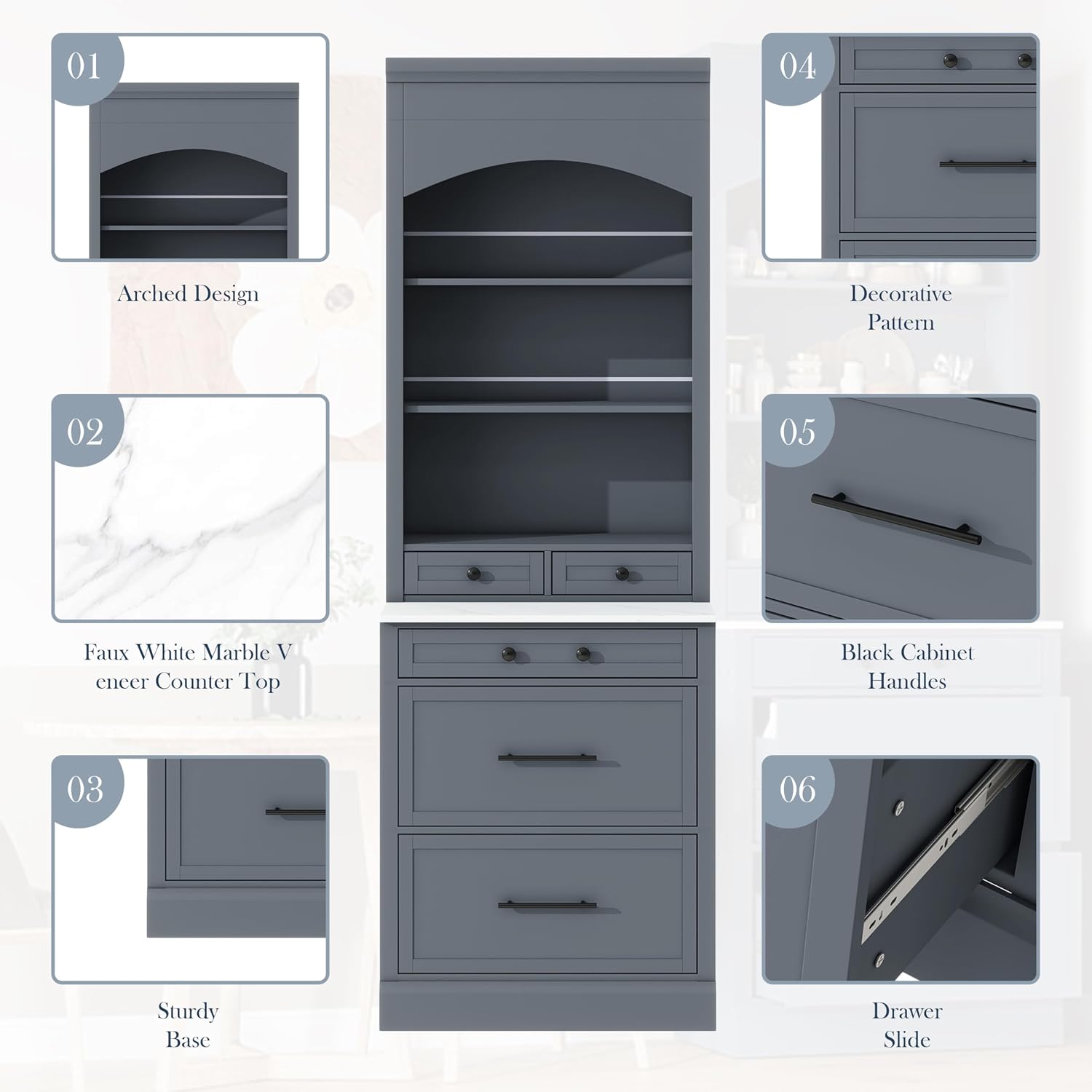 84' Freestanding Storage Cabinet with 5 Drawers, Kitchen Storage Bakers Rack with Faux Marble Top, Utility Food Cupboard with Adjustable Shelf for Kitchen Dining Room, Gray