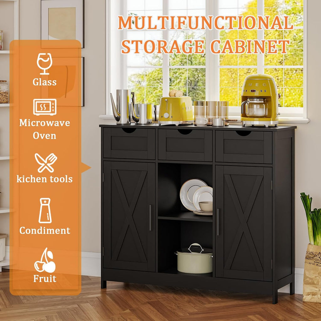 Viaozutis Storage Cabinet, Coffee Bar Cabinet with 2 Adjustable Shelves, 3 Drawers, and 2 Doors, for Bathroom, Kitchen, Living Room (Black)