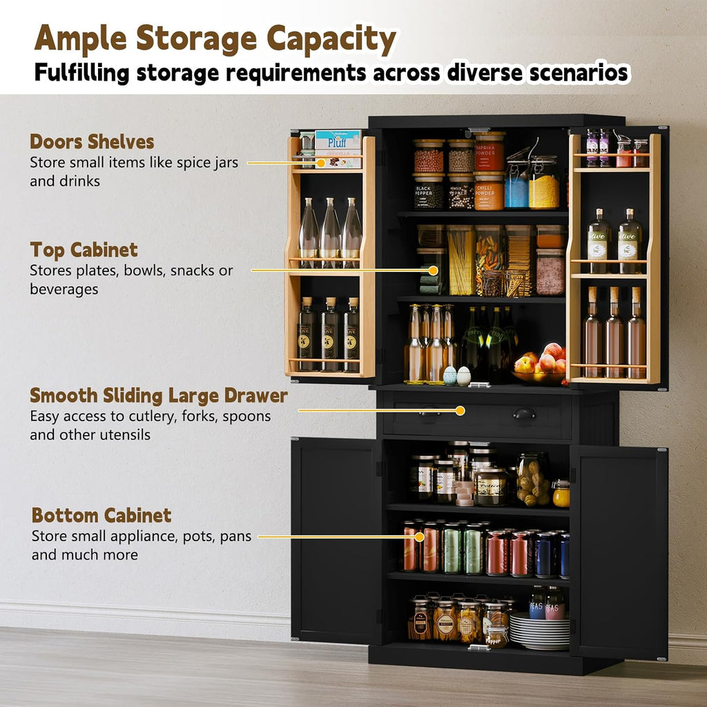 ARTPOWER 72' Pantry Storage Cabinet with Drawer, Freestanding Tall Cupboard Storage Cabinet, Utility Pantry with Door Shelves and 2 Adjustable Shelves for Kitchen, Dining Room,Living Room, Black