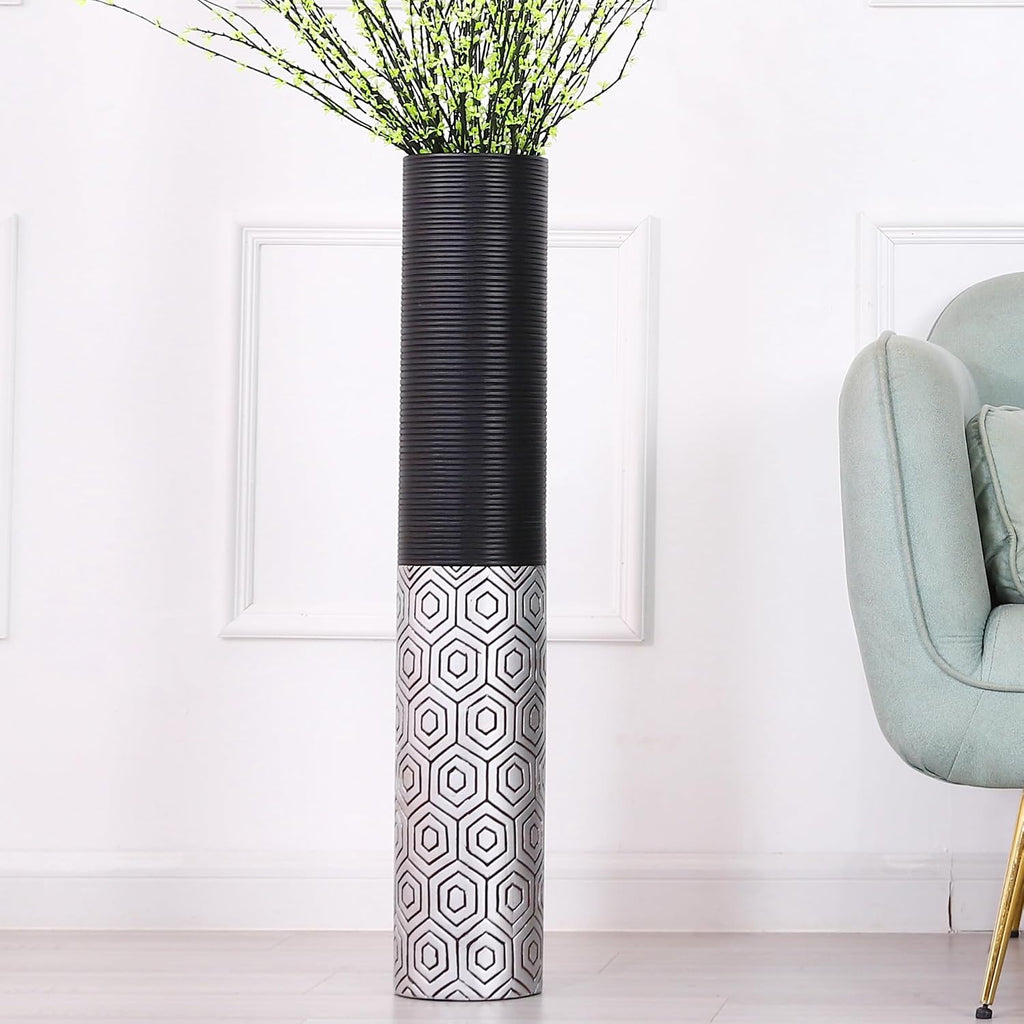 Leewadee Decorative Tall Floor Vase for Living Room Decor, 34 inches, Black Silver, Resin