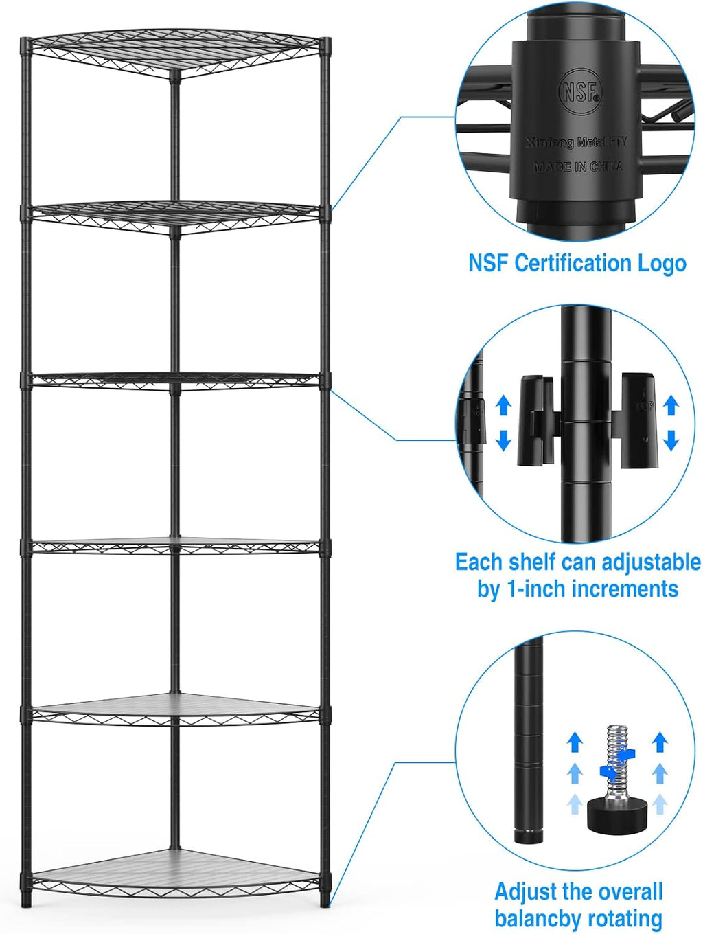 6 Tier NSF Corner Wire Shelf Shelving Unit, 18 x 18 x 72 Inch 420lbs Capacity Heavy Duty Adjustable Metal Storage Rack with Leveling Feet & Shelf Liners for Office Kitchen Bathroom and More - Black