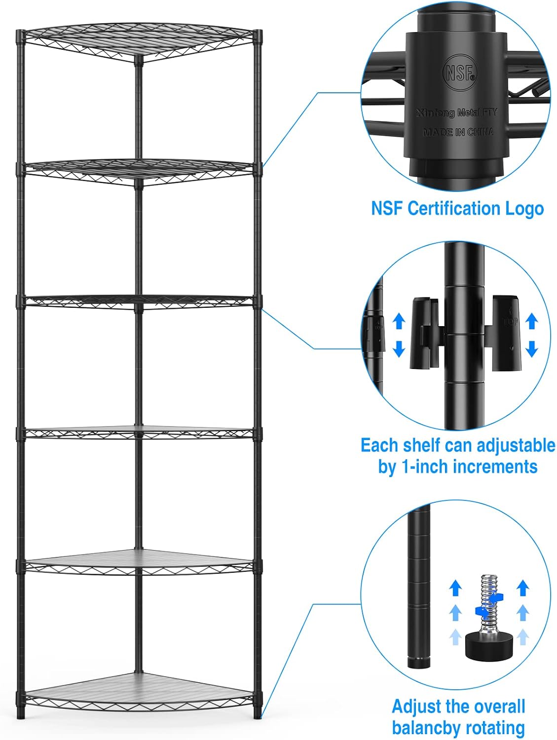6 Tier NSF Corner Wire Shelf Shelving Unit, 18 x 18 x 72 Inch 420lbs Capacity Heavy Duty Adjustable Metal Storage Rack with Leveling Feet & Shelf Liners for Office Kitchen Bathroom and More - Black