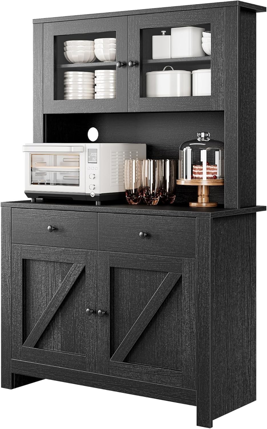 GarveeHome Kitchen Pantry Cabinet with Microwave Stand, Freestanding Hutch Cabinet with Buffet Cupboard, Tall Kitchen Cabinets with Adjustable Shelves for Dining Room, Black