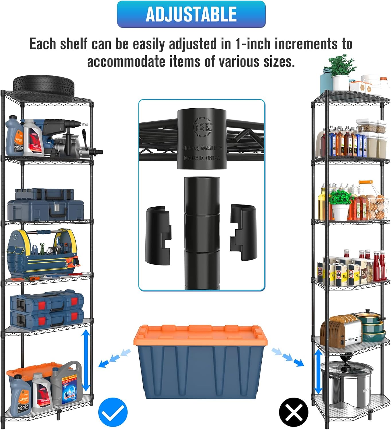 6 Tier NSF Corner Wire Shelf Shelving Unit, 20 x 20 x 72 Inch 600lbs Capacity Heavy Duty Adjustable Metal Storage Rack with Leveling Feet & Shelf Liners for Office Kitchen Bathroom and More - Black