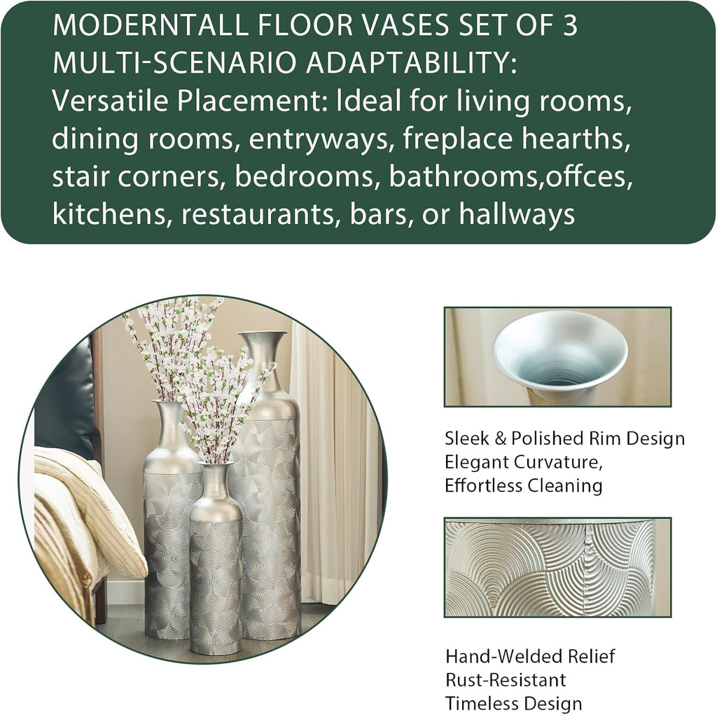 Tall Silver Floor Vase Set of 3, Modern Metal Standing Vases for Living Room Decor, Tall Cylinder Flower Vases with Wave Pattern for Home, Office Decorative Vase Set (32.68, 25.98, 19.69 Inch)