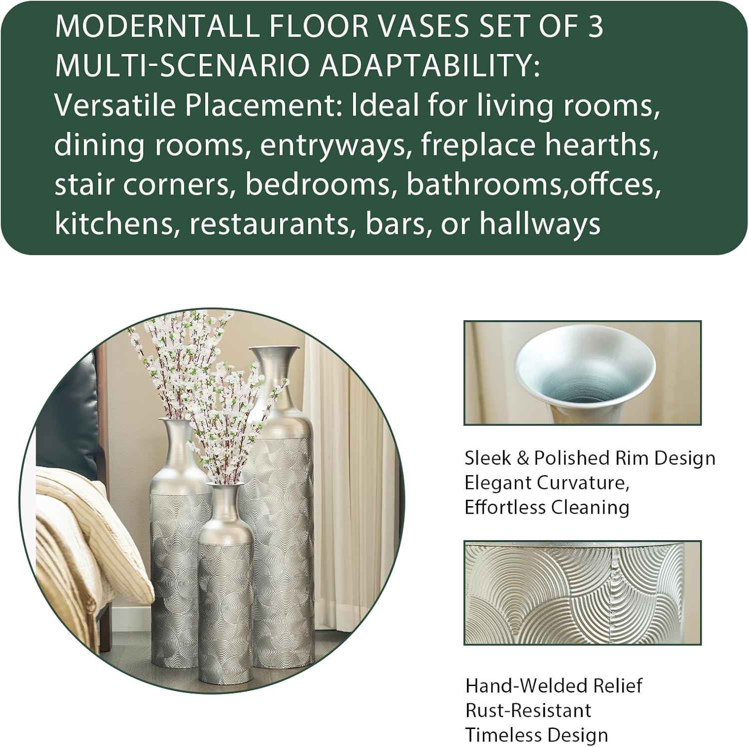 Tall Silver Floor Vase Set of 3, Modern Metal Standing Vases for Living Room Decor, Tall Cylinder Flower Vases with Wave Pattern for Home, Office Decorative Vase Set (32.68, 25.98, 19.69 Inch)