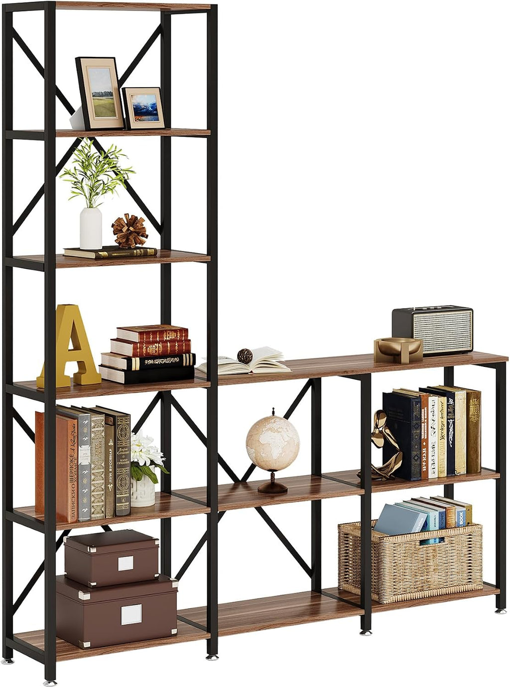 Tribesigns 5-Tier Ladder Staggered Bookshelf, Industrial Corner Bookcase with 9 Open Shelves, Modern Display Rack Storage Shelf for Home & Office