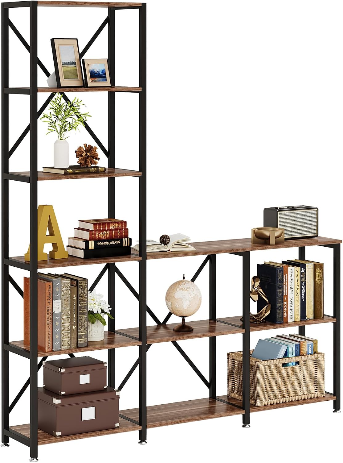 Tribesigns 5-Tier Ladder Staggered Bookshelf, Industrial Corner Bookcase with 9 Open Shelves, Modern Display Rack Storage Shelf for Home & Office