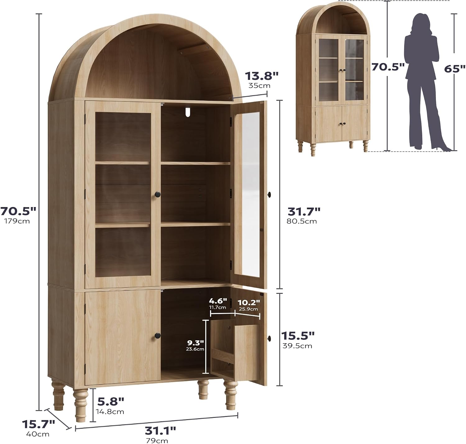 Furnify 71' Tall Arched Pantry Cabinet, Modern Kitchen Storage Cabinet with Doors, 3 Adjustable Shelves, Door Shelves, Organizer, Versatile Cupboard for Kitchen, Bathroom, Natural