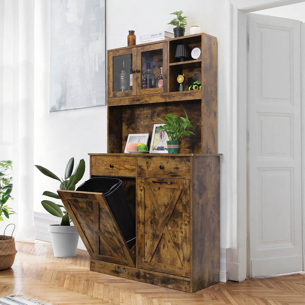 Arlopu Dual Tilt Out Trash&Storage Cabinet, Kitchen Sideboard Cupboard W/Pet Proof 10X2 Gal Hidden Garbage Holder, Freestand Laundry Sort Cabinet, W/Drawer, Shelves,Barn Door (Vintage Wood)