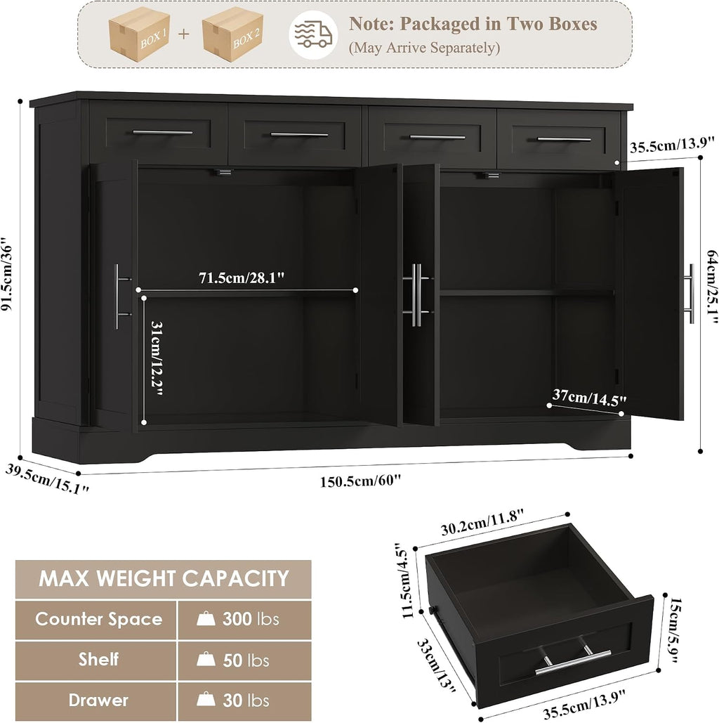 HOSTACK 60' Large Buffet Sideboard with Storage, 36' Tall Kitchen Buffet Storage Cabinet with 4 Drawer, Modern Coffee Bar Cabinet with Silver Handle, Long Sideboard Buffet Table for Kitchen, Black