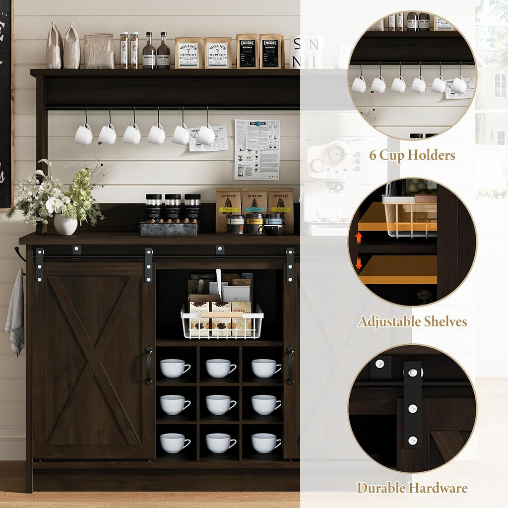 4ever2buy Farmhouse Coffee Bar Cabinet with Hutch and 6 Hooks, 47 Inch Wine Cabinet with Storage, Kitchen Buffet Cabinet with Adjustable Shelves &9 Wine Racks for Living Dining Room, Dark Oak