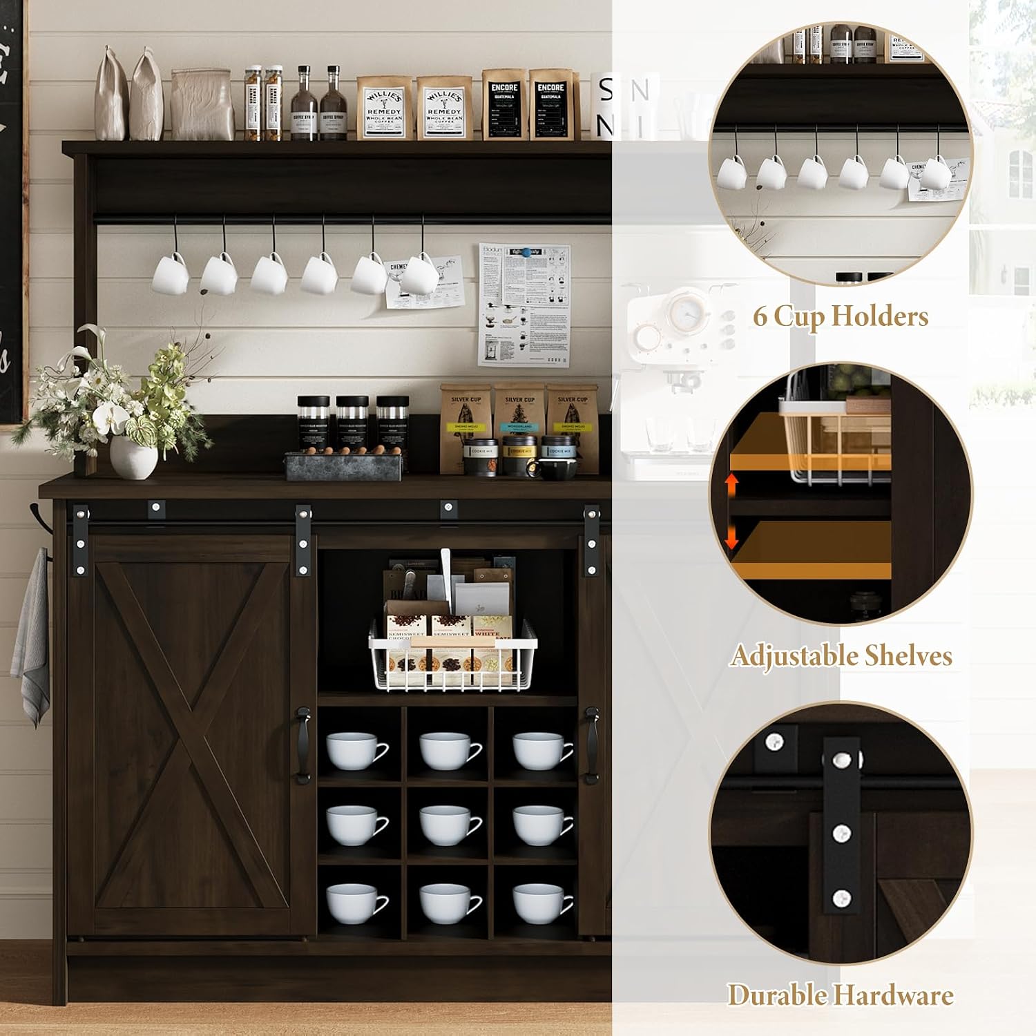 4ever2buy Farmhouse Coffee Bar Cabinet with Hutch and 6 Hooks, 47 Inch Wine Cabinet with Storage, Kitchen Buffet Cabinet with Adjustable Shelves &9 Wine Racks for Living Dining Room, Dark Oak