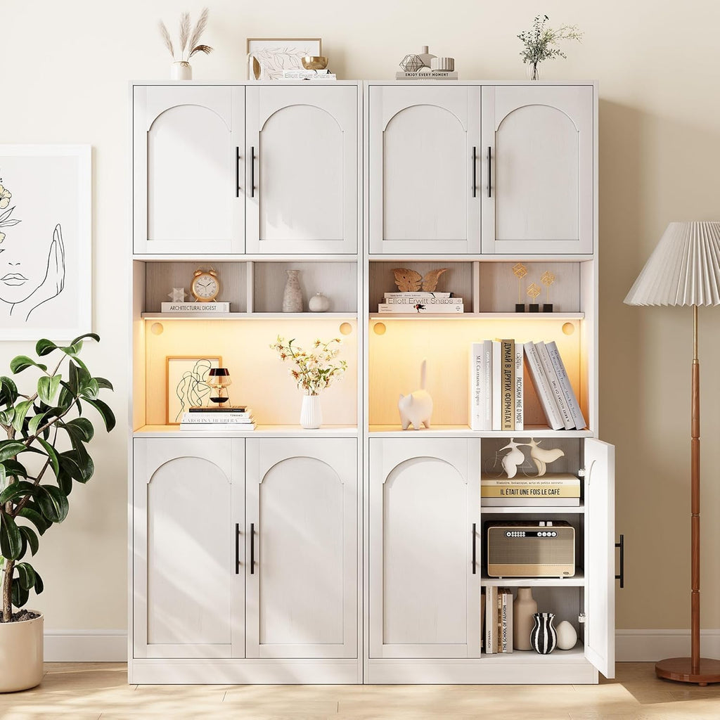 71' Tall Pantry Cabinet with Countertop, Kitchen Cabinets with LED Light Strip & Microwave Shelf, Kitchen Hutch Storage Cabinet with Adjustable Shelves for Dining Room, White