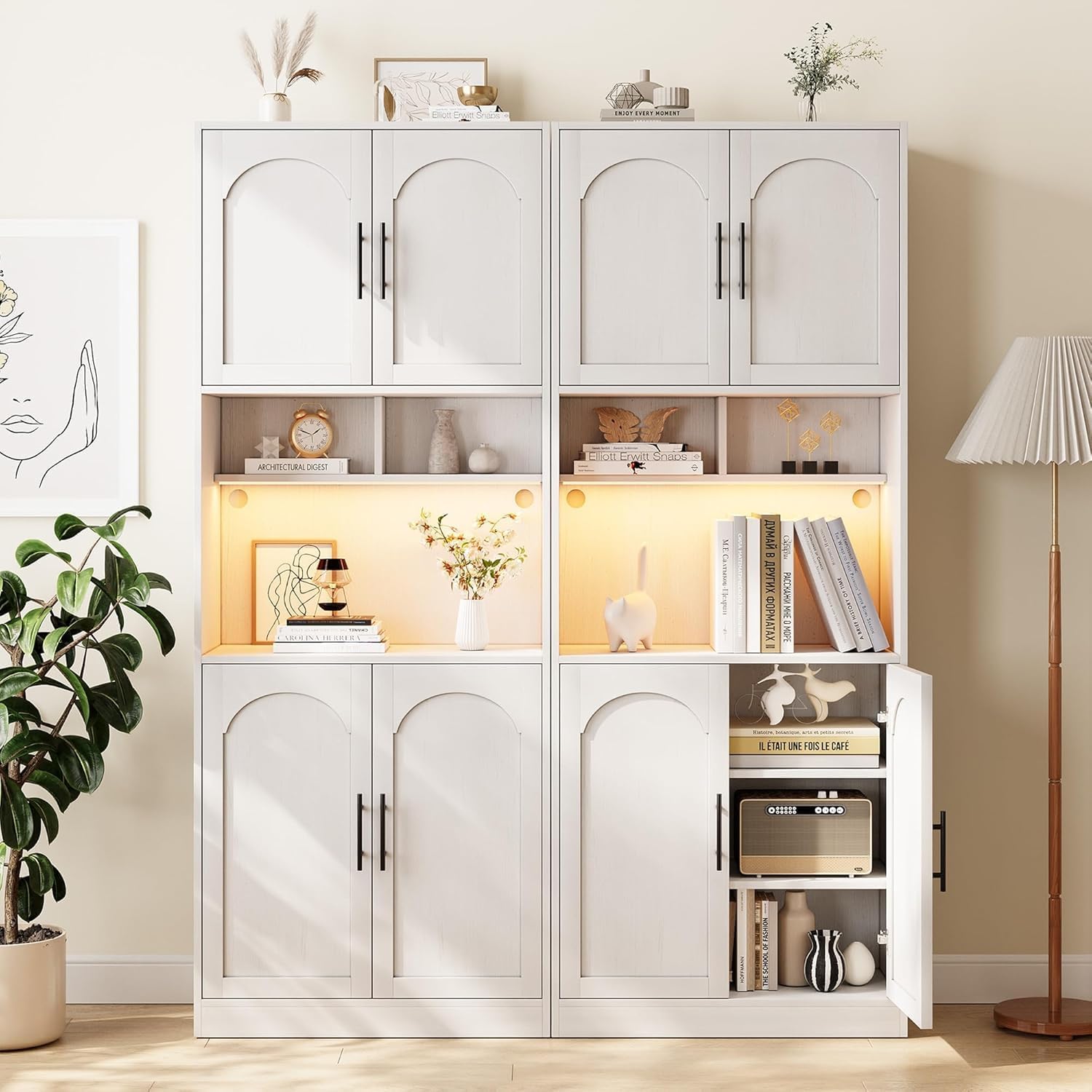 71' Tall Pantry Cabinet with Countertop, Kitchen Cabinets with LED Light Strip & Microwave Shelf, Kitchen Hutch Storage Cabinet with Adjustable Shelves for Dining Room, White