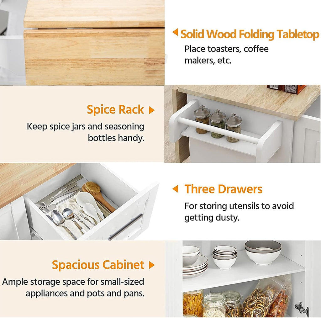 Kitchen Island with Rubber Wood Drop-Leaf Countertop, Mobile Serving Cart with Spice Rack, Utility Storage Trolley with Towel Holder, Rolling Kitchen Table with 3 Drawer and Storage Cabinet