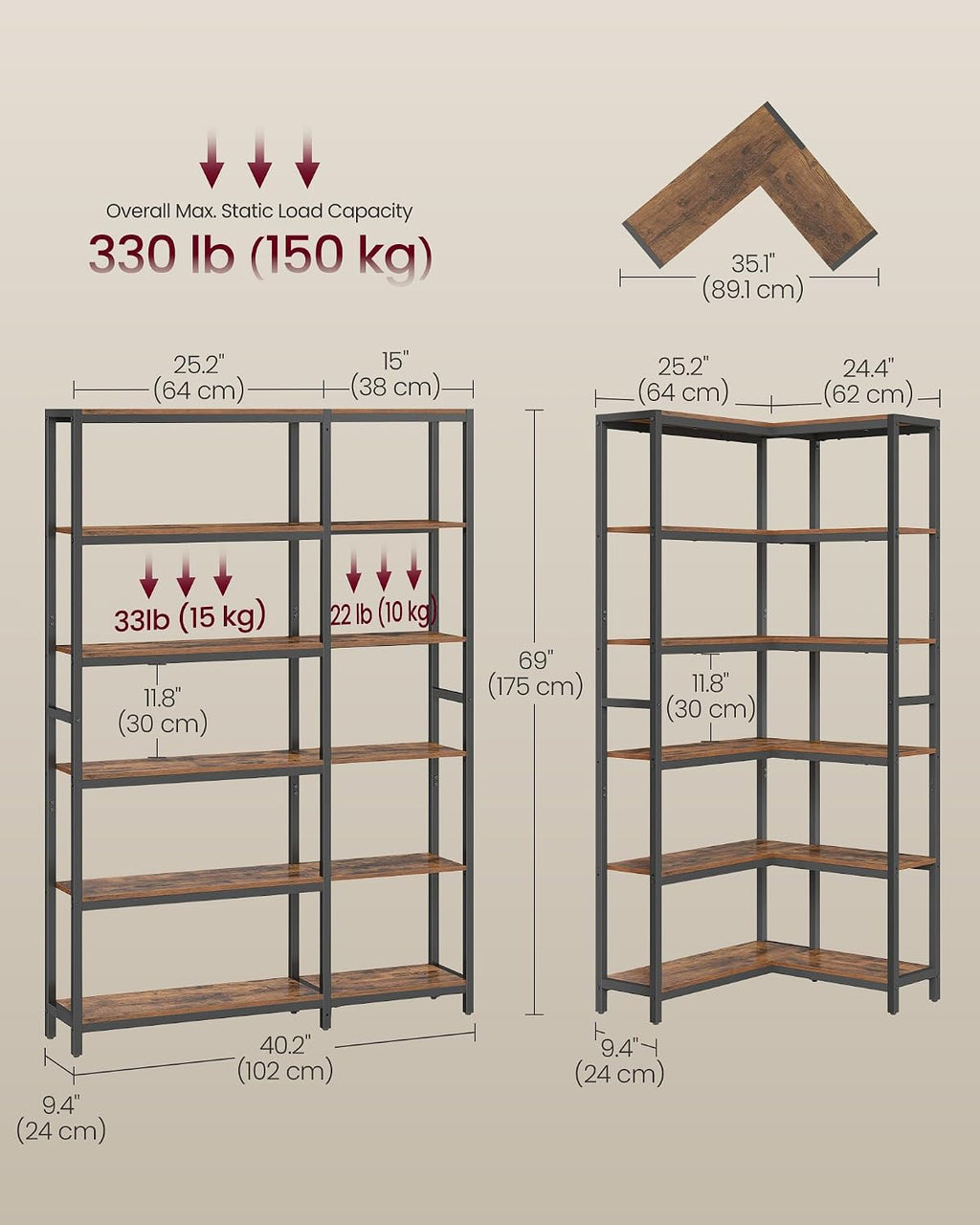 VASAGLE 6 Tier Bookshelf with Metal Frame, Convertible Industrial Corner Shelf, 9.4 x 40.2 x 69 Inches, for Living Room, Bedroom, Home Office, Rustic Brown and Ink Black ULLS606K01