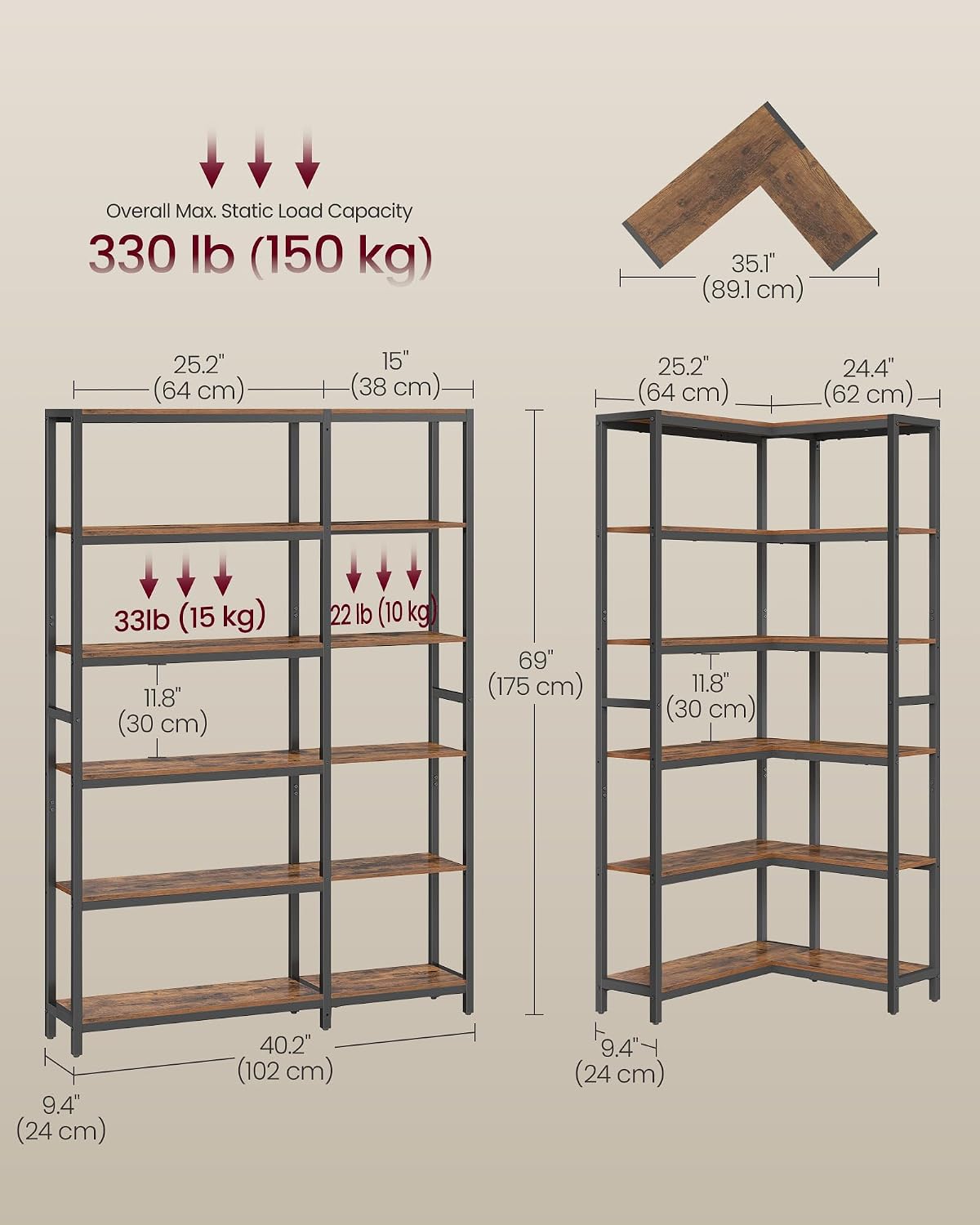 VASAGLE 6 Tier Bookshelf with Metal Frame, Convertible Industrial Corner Shelf, 9.4 x 40.2 x 69 Inches, for Living Room, Bedroom, Home Office, Rustic Brown and Ink Black ULLS606K01