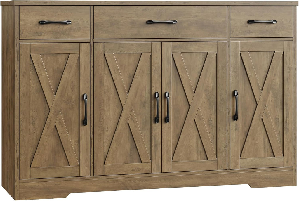 HOSTACK Buffet Sideboard Cabinet with Drawers, 55' Large Buffet Storage Cabinet with Shelves and Doors, Modern Farmhouse Coffee Bar Station Wood Kitchen Table for Kitchen, Dining Room, Rustic Brown