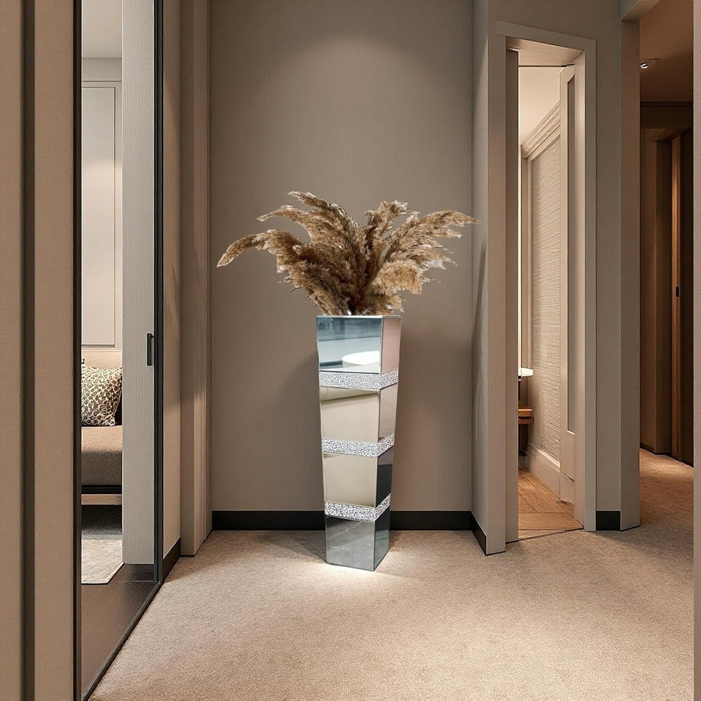 30' Large Crushed Diamond Floor Vases,Tall Mirrored Silver Crystal Vase, Floor Vases Decorative Tall for Home,Office,Hotel (8' L x 8' W x 30' H)