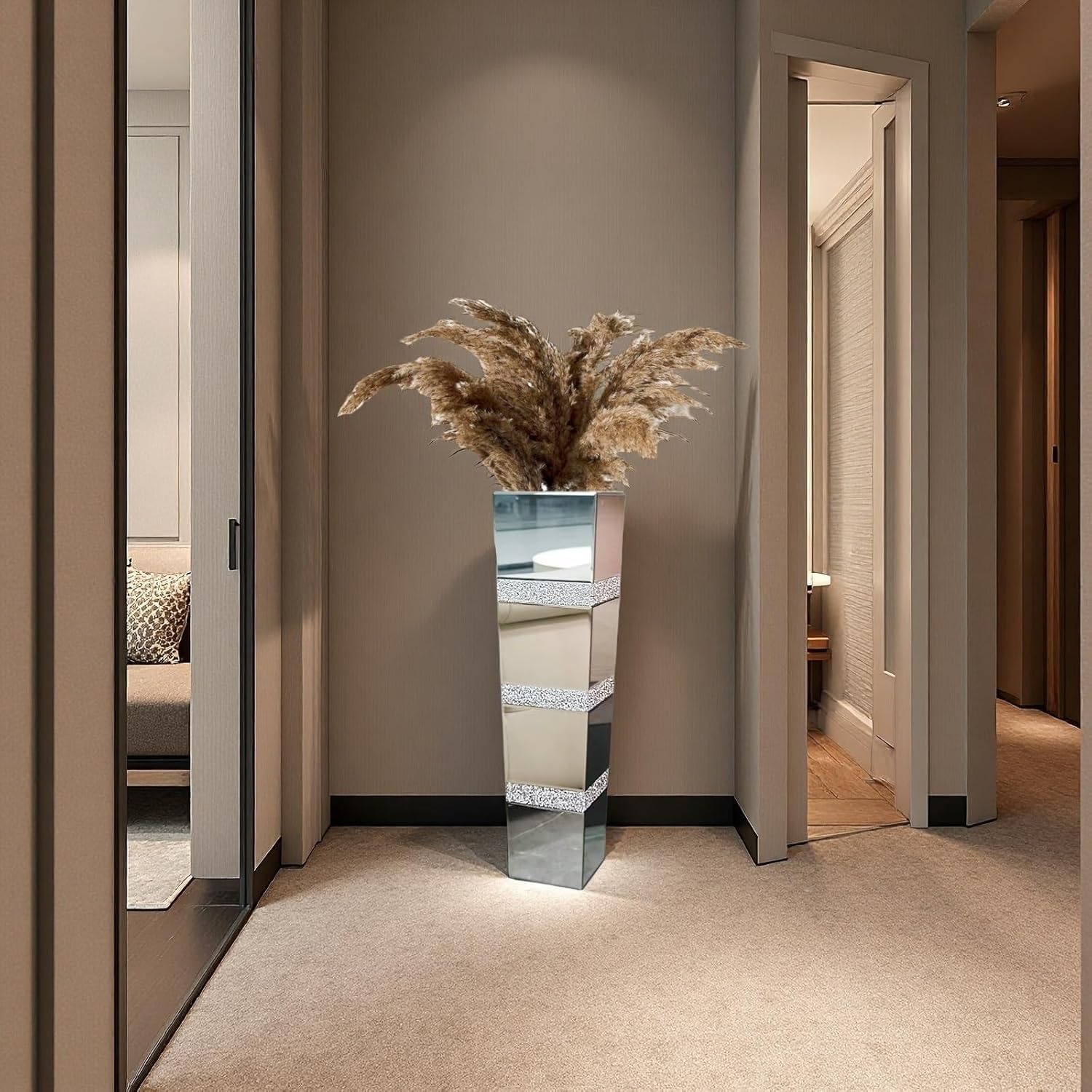30' Large Crushed Diamond Floor Vases,Tall Mirrored Silver Crystal Vase, Floor Vases Decorative Tall for Home,Office,Hotel (8' L x 8' W x 30' H)