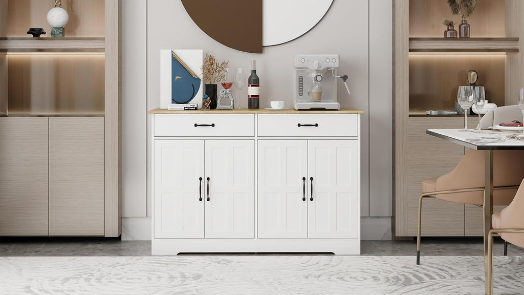 48' Farmhouse Freestanding Storage Cabinet, Kitchen Storage Bakers Rack with Drawers, Utility Food Cupboard for Home, White
