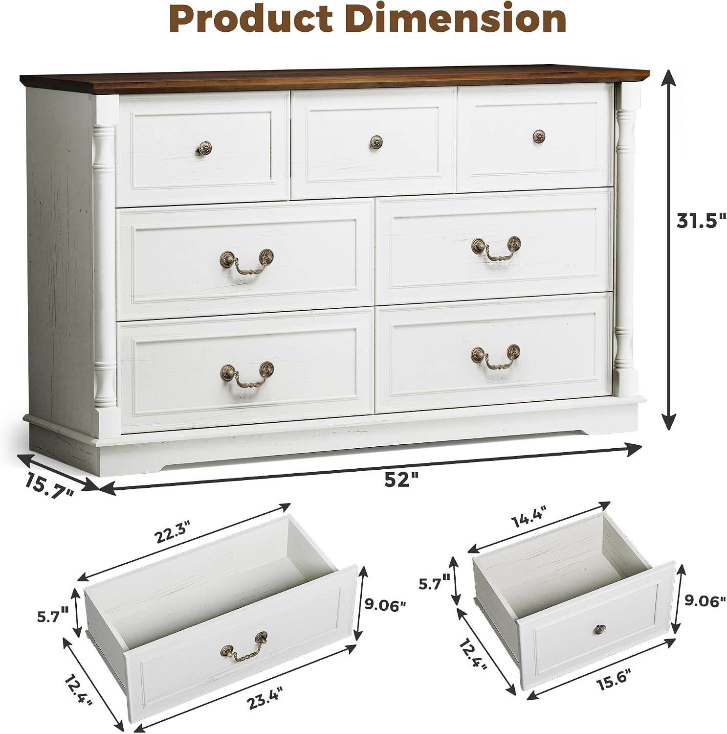 Pamapic Farmhouse Dresser with 7 Drawers, 52' Wide Rustic Chest of Drawers with Natural Texture & Retro Handles, White Vintage Storage Dresser TV Stand for Bedroom, Living Room, Antique White