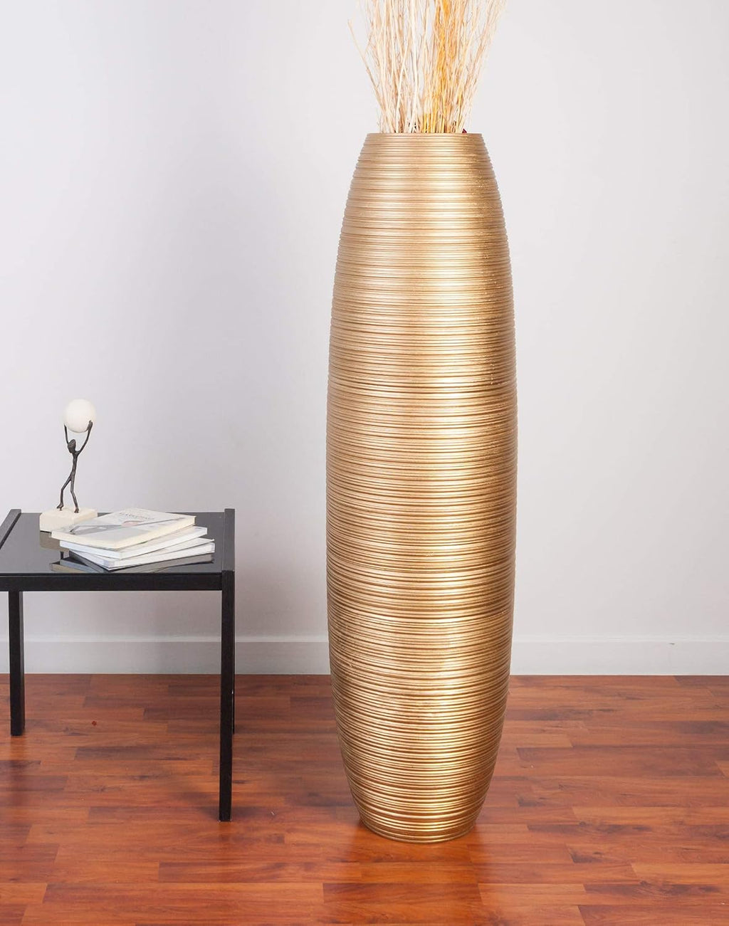 LEEWADEE Large Floor Vase – Handmade Flower Holder Made of Wood, Sophisticated Vessel for Decorative Branches and Dried Flowers, 43 inches, Golden