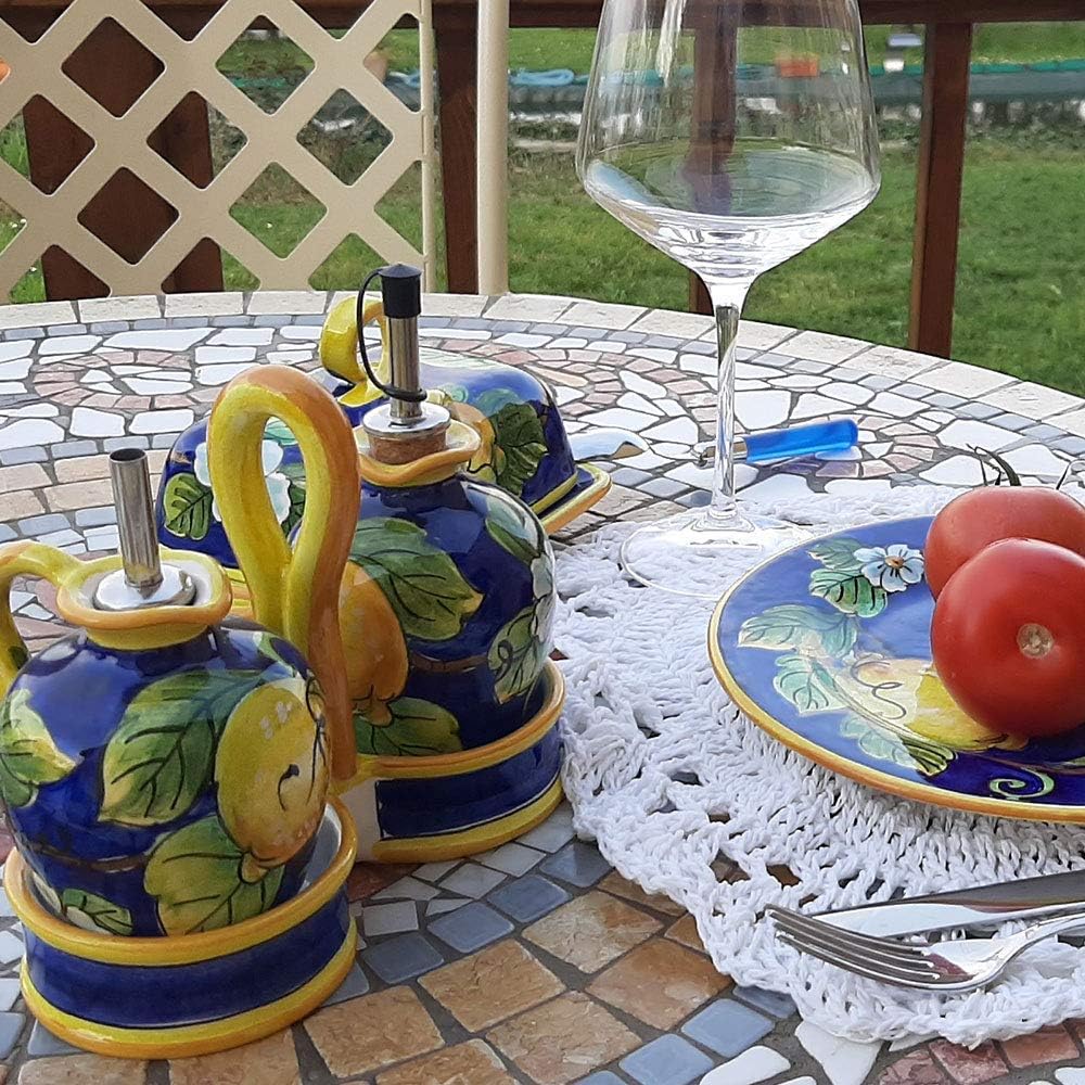 Italian Ceramic Pitcher Lemon Blue - 16 oz Hand Painted Utensil Holder Or Carafe Design for Kitchen - Made in ITALY Tuscany - Italian Pottery Vase Jar for Wine - Home Decor Ceramics Dispenser