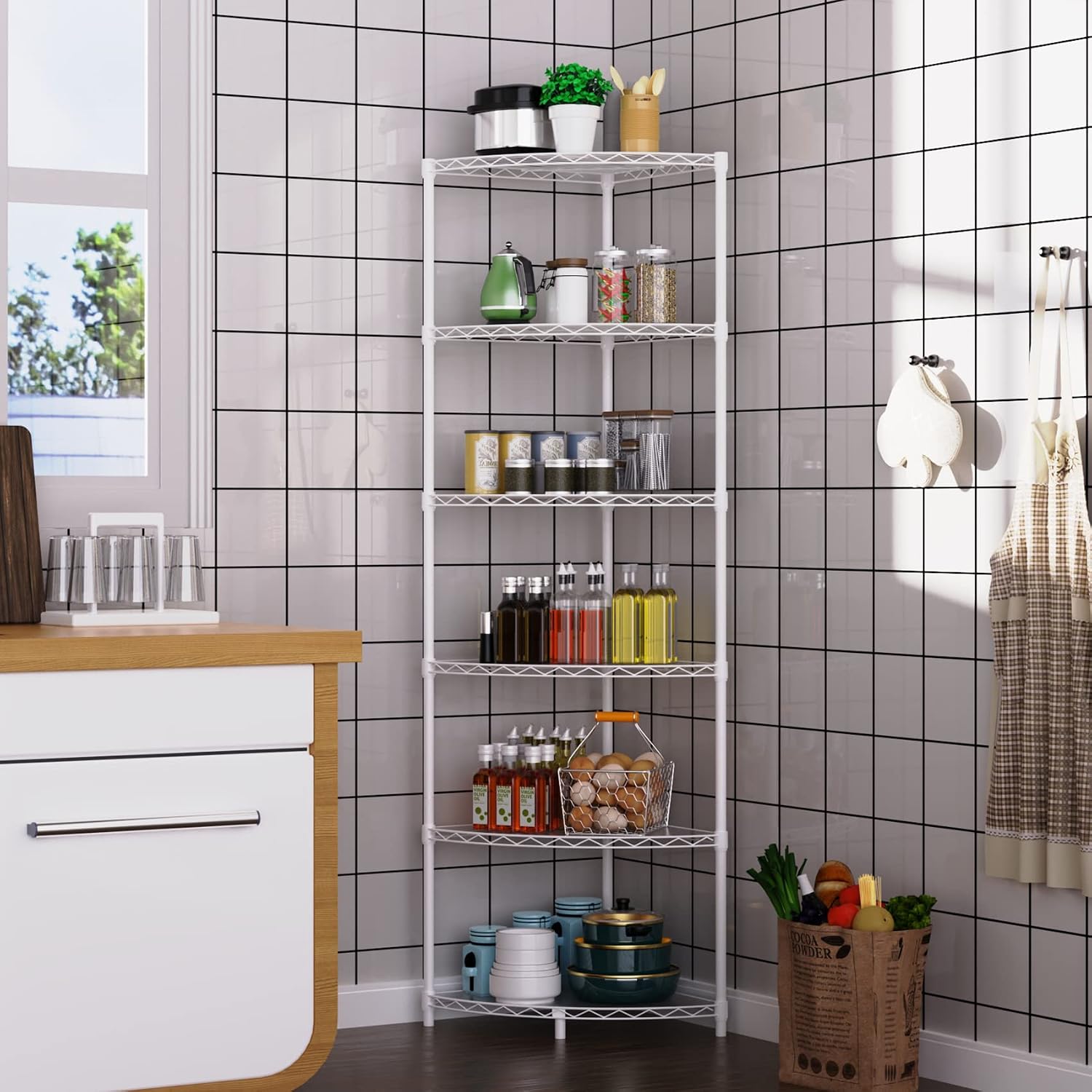 6 Tier NSF Corner Wire Shelf Shelving Unit, 18 x 18 x 72 Inch 420lbs Capacity Heavy Duty Adjustable Metal Storage Rack with Leveling Feet & Shelf Liners for Office Kitchen Bathroom and More - White