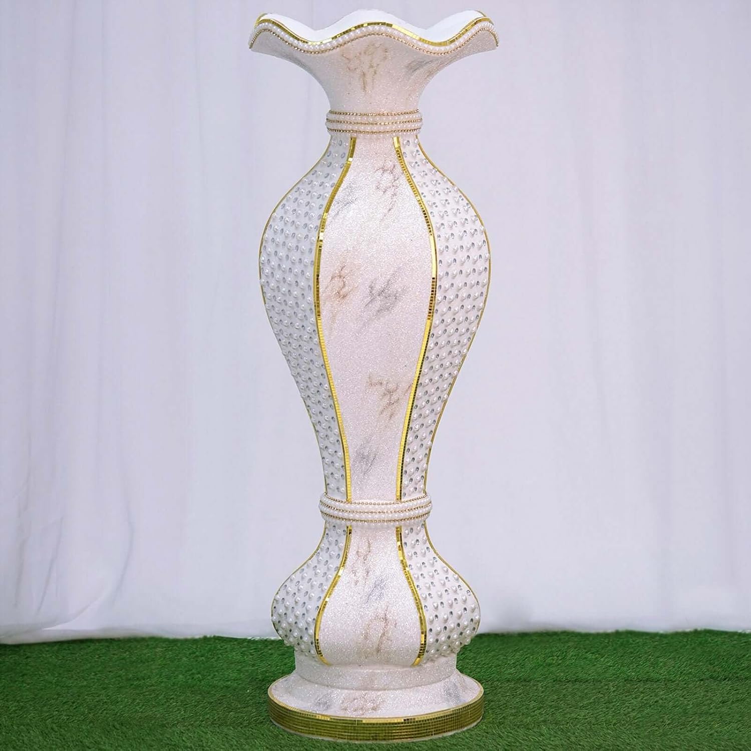 Efavormart 39' Shimmering Gold Glittered Marble Design Floor Flower Pot Vase with Pearls and Mirror Mosaic Embellishment