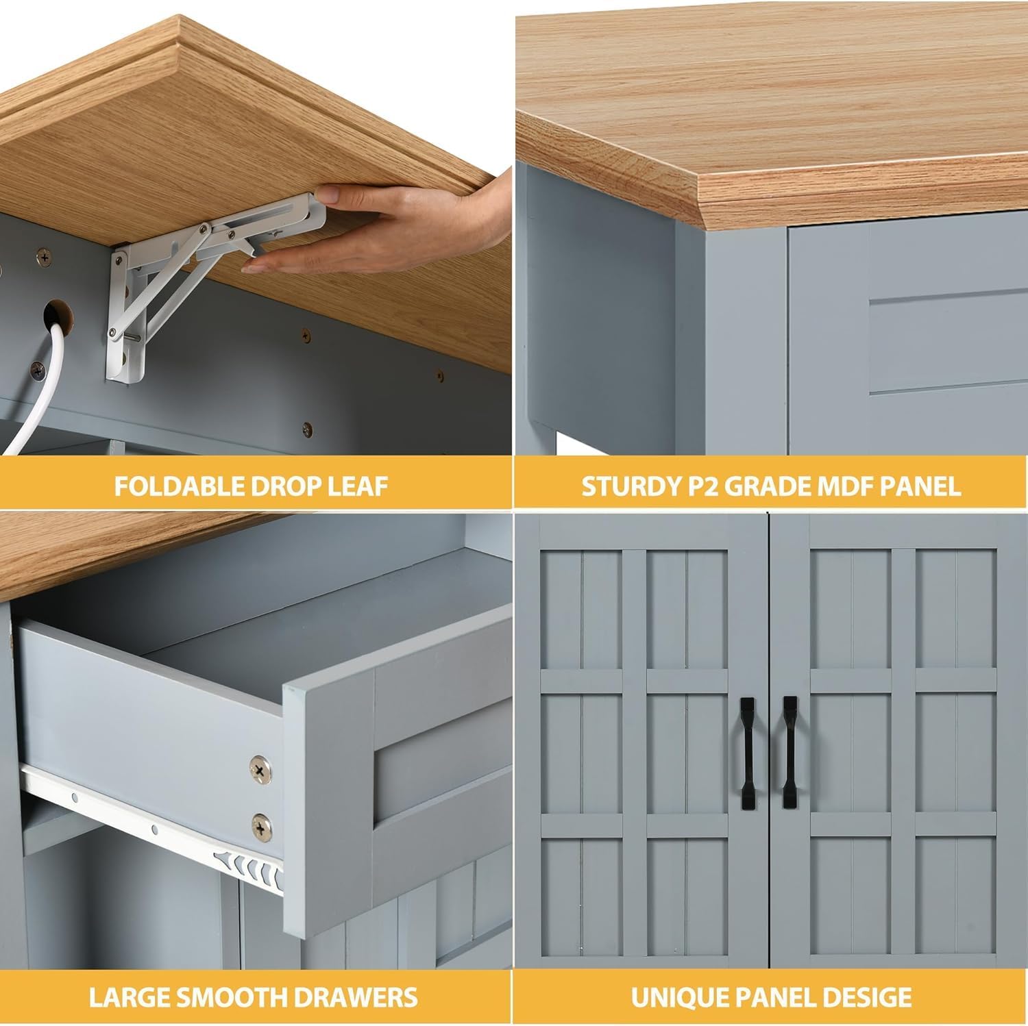 DWVO Rolling Kitchen Island with Drop Leaf, Mobile Storage Islands with Power Outlet Foldable Tabletop, 2 Drawers and Open Shelves, for Living Room, Dining Room, Blue Gray